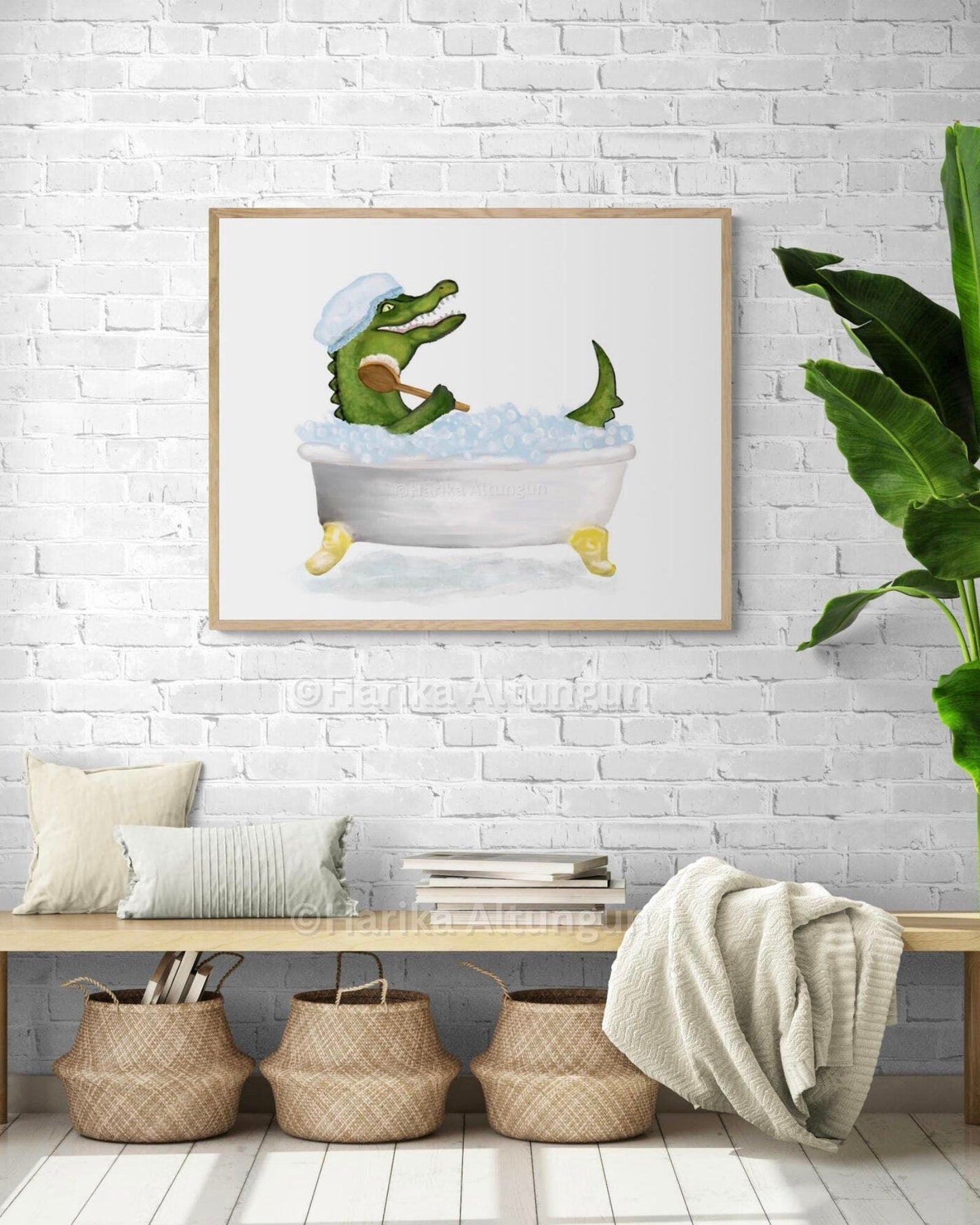 Crocodile In Tub Print, Bathing Alligator Print, Boys Bathroom Art, Funny Florida Bathroom Painting, Kids Bathroom Art, Crocodile Lover Gift - MerikaArt