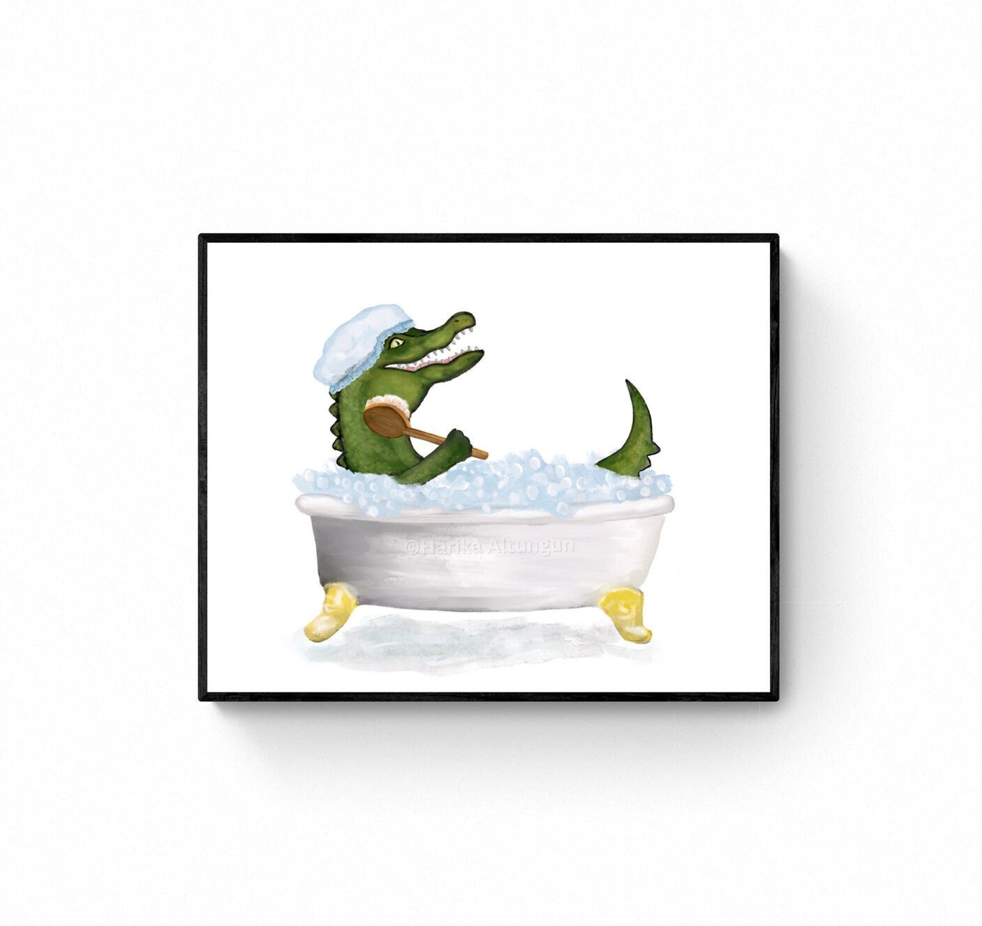 Crocodile In Tub Print, Bathing Alligator Print, Boys Bathroom Art, Funny Florida Bathroom Painting, Kids Bathroom Art, Crocodile Lover Gift - MerikaArt