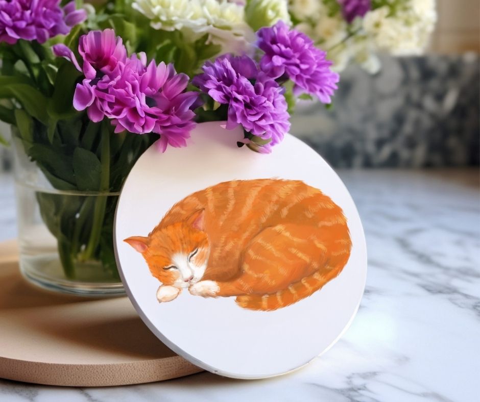 Curled Sleeping Ginger Cat Ceramic Coaster - MerikaArt