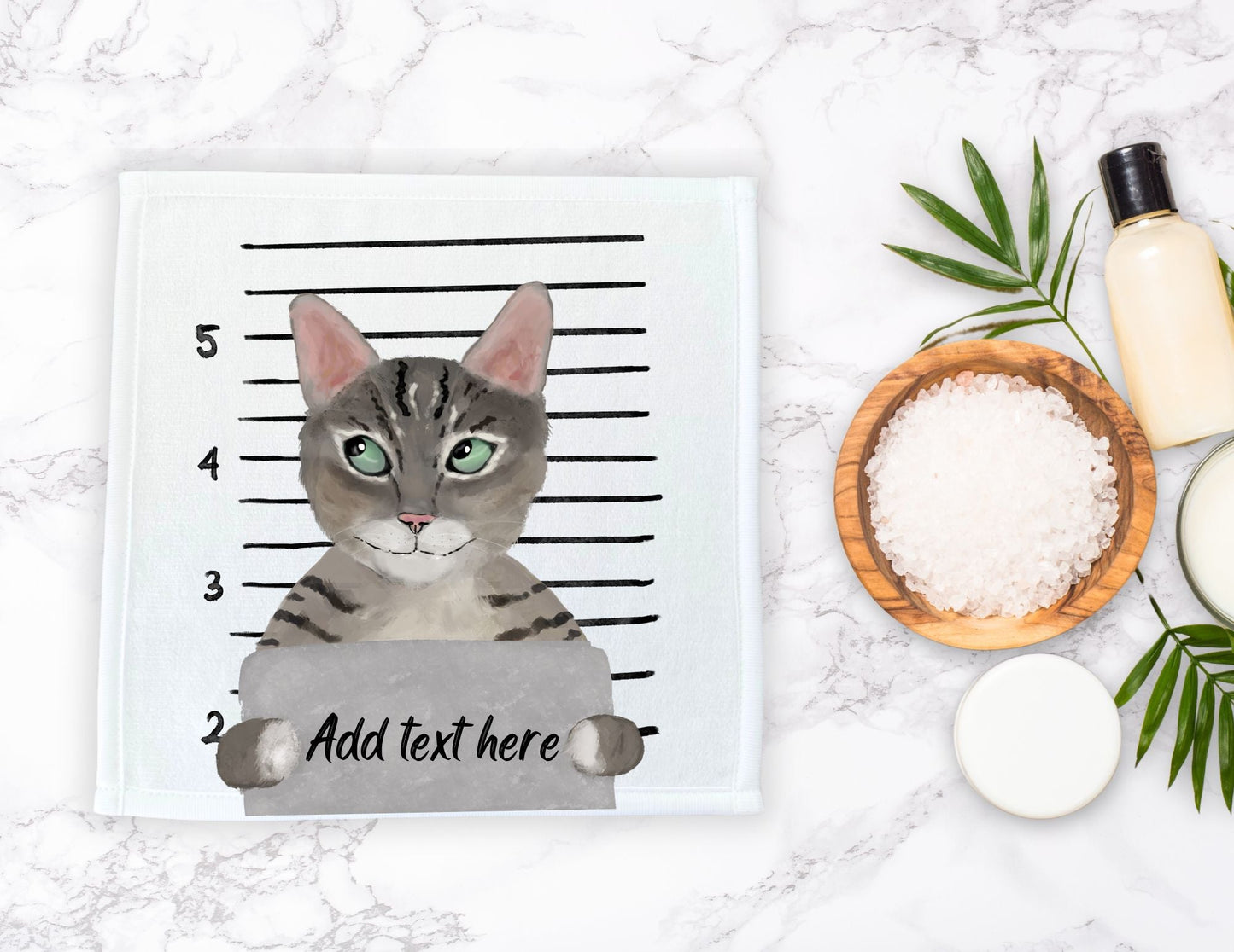 Customizable Tabby Cat Mugshot Washcloth | Add Your Text - MerikaArt