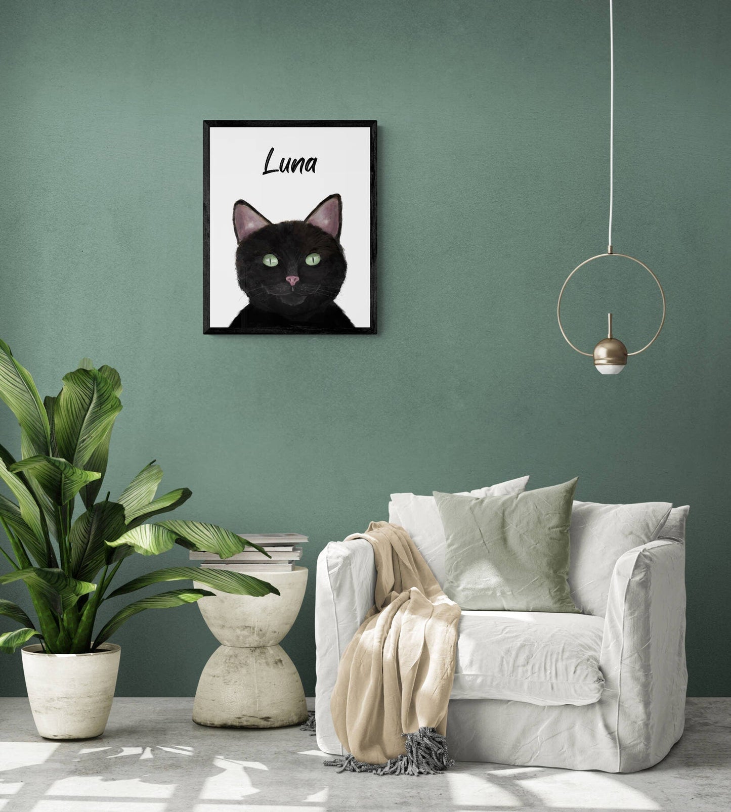 Customized Black Cat Portrait, Personalized Cat Name Print, Pet Painting, Black Cat With Green Eyes, Animal Memorial, Cat Lover Gift - MerikaArt