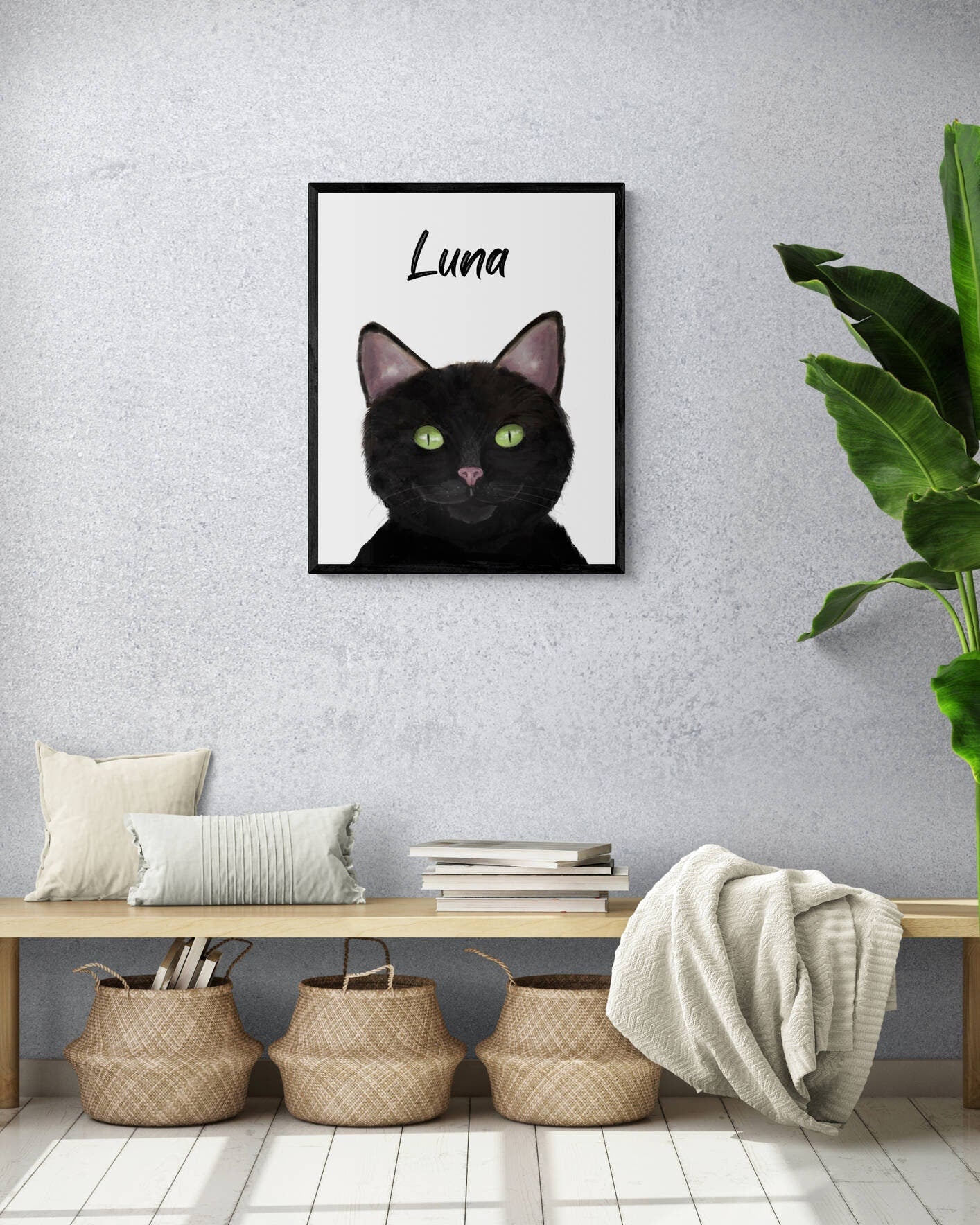 Customized Black Cat Portrait, Personalized Cat Name Print, Pet Painting, Black Cat With Green Eyes, Animal Memorial, Cat Lover Gift - MerikaArt