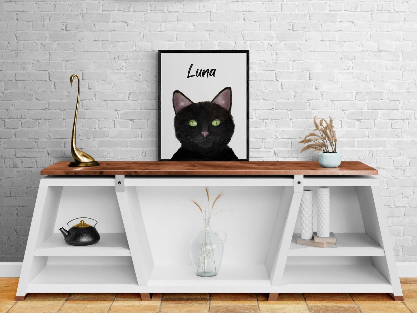 Customized Black Cat Portrait, Personalized Cat Name Print, Pet Painting, Black Cat With Green Eyes, Animal Memorial, Cat Lover Gift - MerikaArt