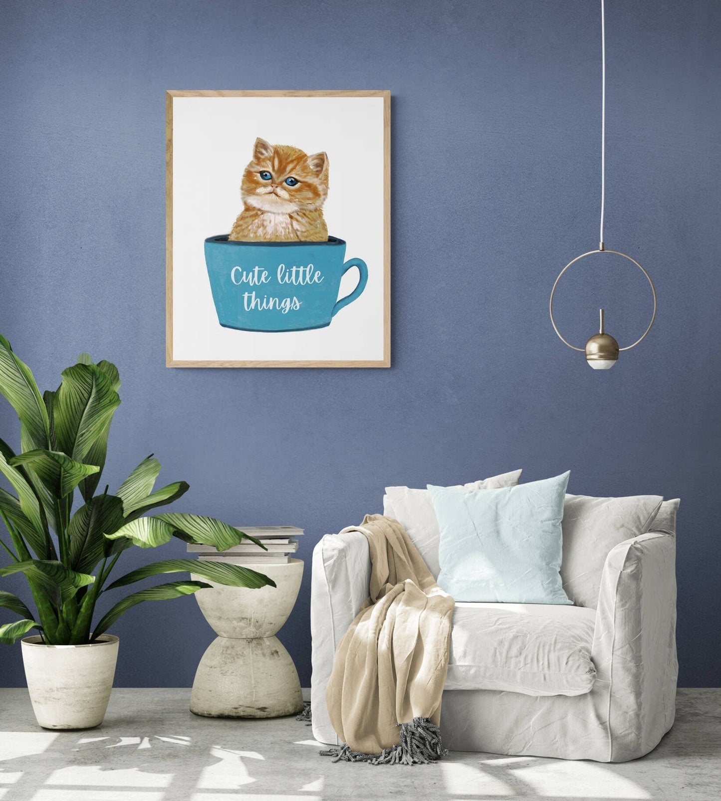 Customized Cute Orange Cat in Tea Cup Print, Orange Tabby Kitten Artwork, Cat Illustration Drawing, Nursery Cat Painting, Holiday Wall Art - MerikaArt