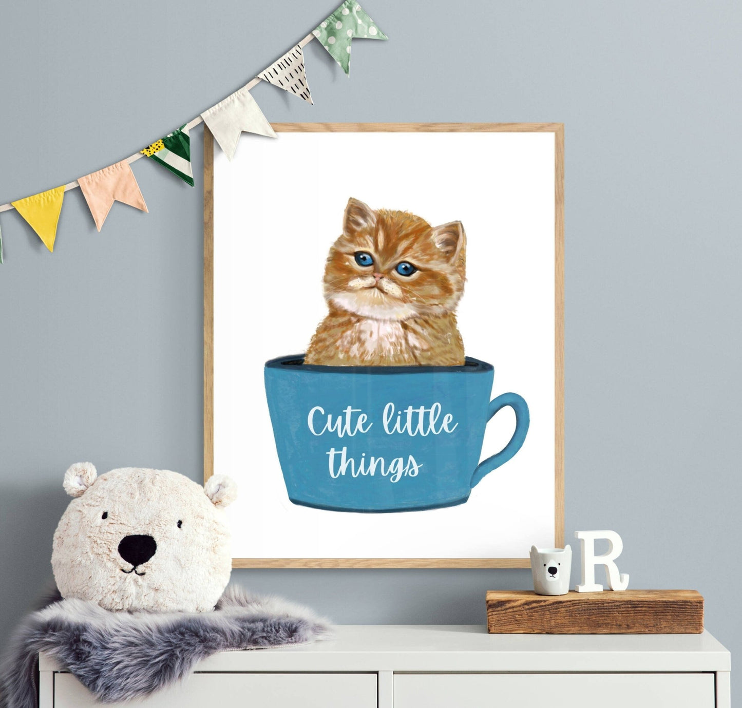 Customized Cute Orange Cat in Tea Cup Print, Orange Tabby Kitten Artwork, Cat Illustration Drawing, Nursery Cat Painting, Holiday Wall Art - MerikaArt