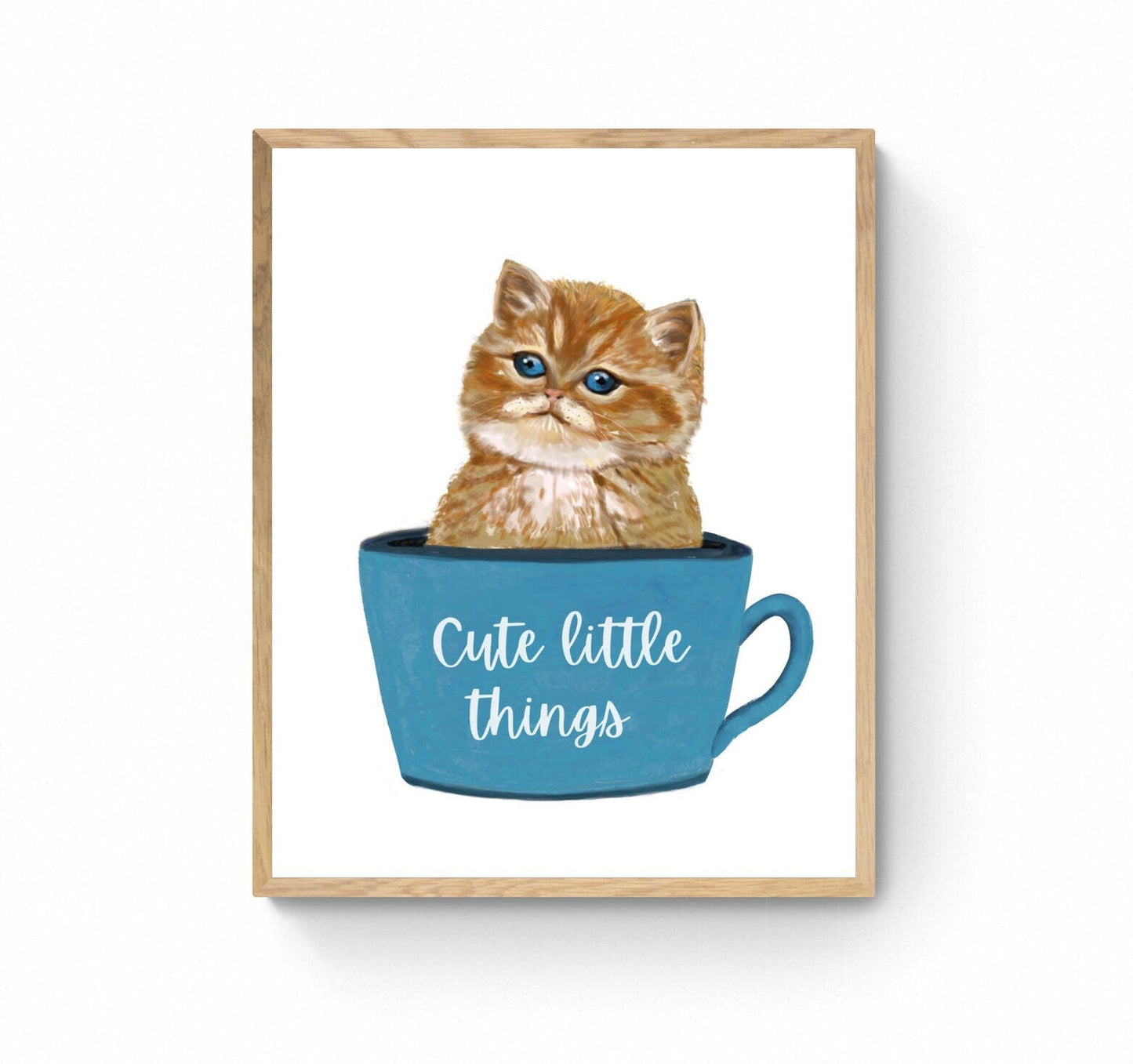 Customized Cute Orange Cat in Tea Cup Print, Orange Tabby Kitten Artwork, Cat Illustration Drawing, Nursery Cat Painting, Holiday Wall Art - MerikaArt