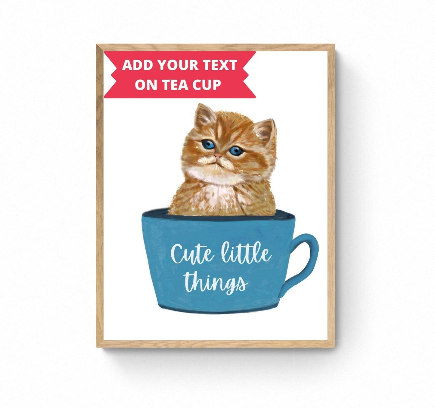 Customized Cute Orange Cat in Tea Cup Print, Orange Tabby Kitten Artwork, Cat Illustration Drawing, Nursery Cat Painting, Holiday Wall Art - MerikaArt