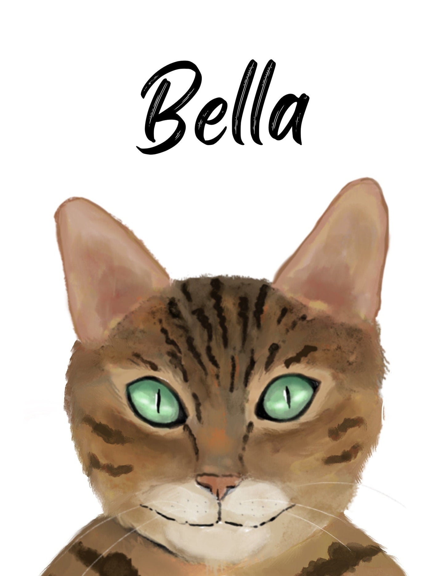 Customized Gold Bengal Cat Portrait, Personalized Cat Name Print, Pet Painting, Bengal Cat With Green Eyes, Animal Memorial, Cat Lover Gift - MerikaArt