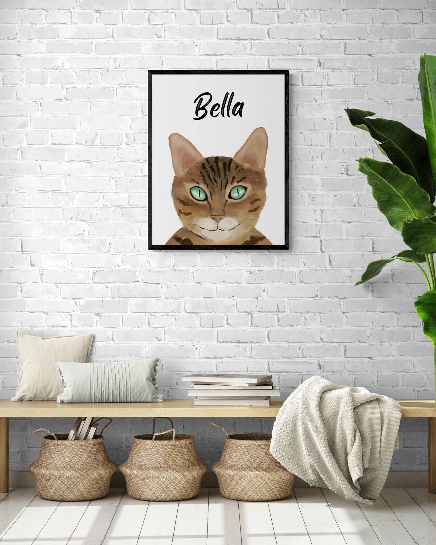 Customized Gold Bengal Cat Portrait, Personalized Cat Name Print, Pet Painting, Bengal Cat With Green Eyes, Animal Memorial, Cat Lover Gift - MerikaArt
