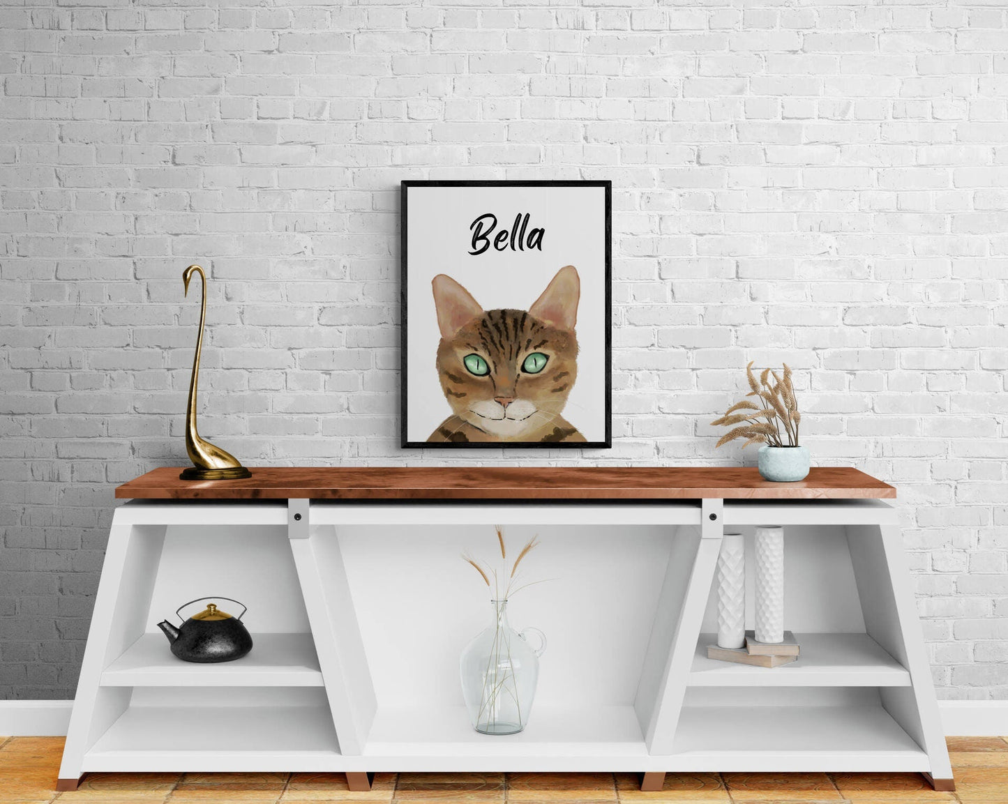 Customized Gold Bengal Cat Portrait, Personalized Cat Name Print, Pet Painting, Bengal Cat With Green Eyes, Animal Memorial, Cat Lover Gift - MerikaArt
