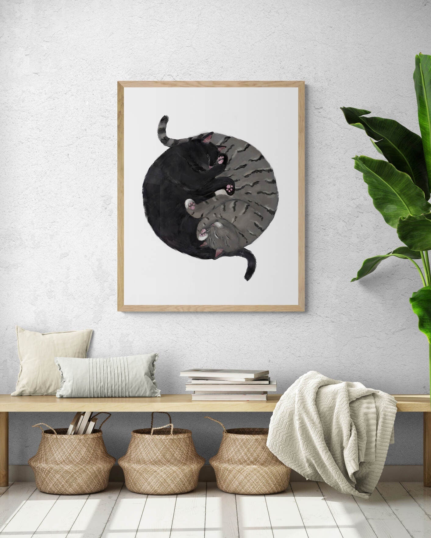 Customized Sleeping Black And Gray Tabby Cat Print, Custom Cuddling Gray and Black Cat, Cat Illustration, Home Decor, Lazy Cat Painting - MerikaArt
