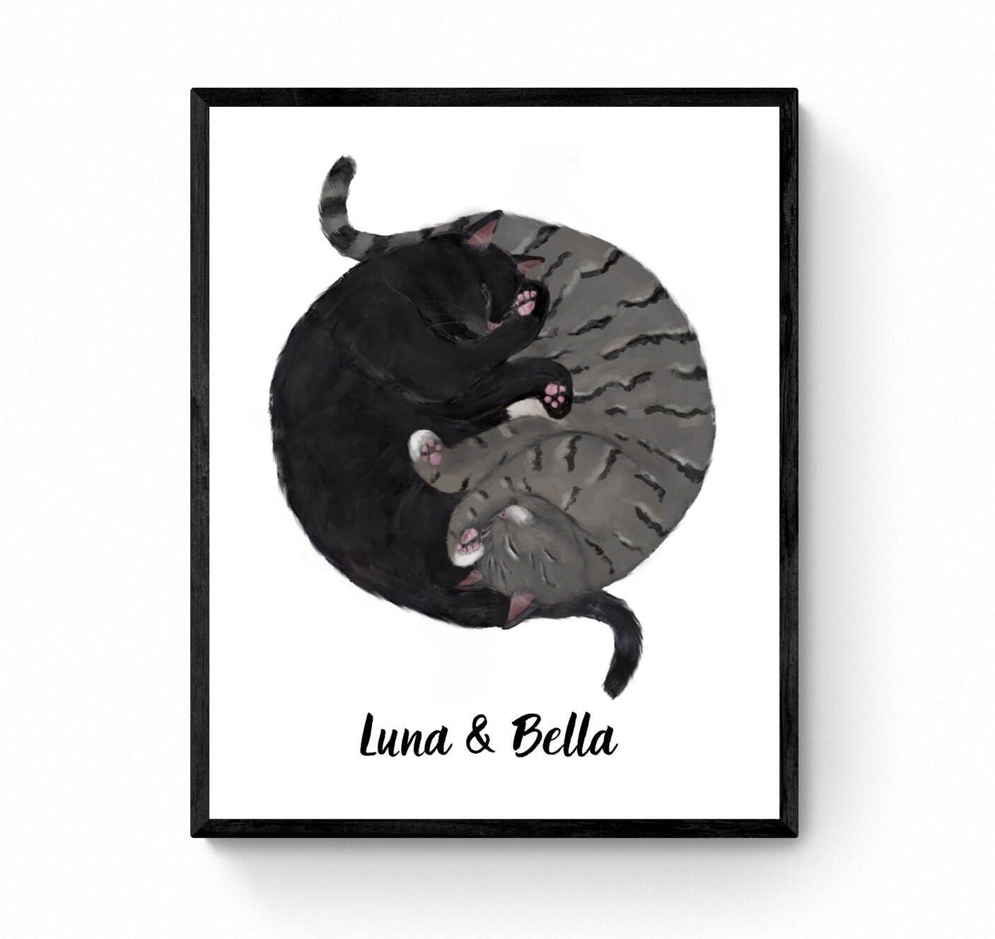 Customized Sleeping Black And Gray Tabby Cat Print, Custom Cuddling Gray and Black Cat, Cat Illustration, Home Decor, Lazy Cat Painting - MerikaArt