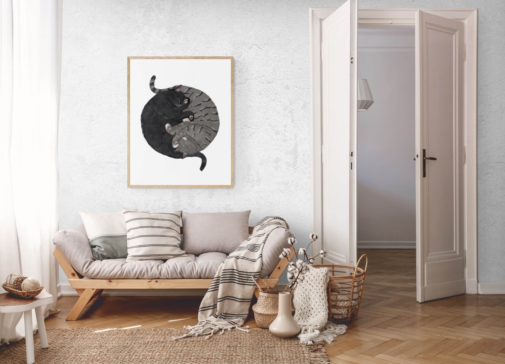 Customized Sleeping Black And Gray Tabby Cat Print, Custom Cuddling Gray and Black Cat, Cat Illustration, Home Decor, Lazy Cat Painting - MerikaArt