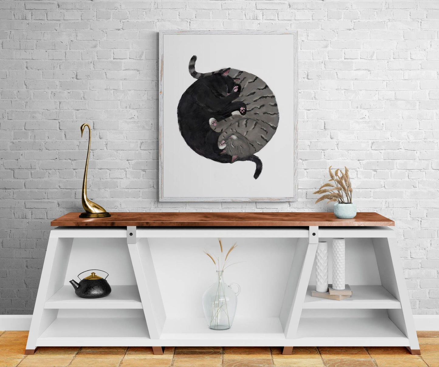 Customized Sleeping Black And Gray Tabby Cat Print, Custom Cuddling Gray and Black Cat, Cat Illustration, Home Decor, Lazy Cat Painting - MerikaArt