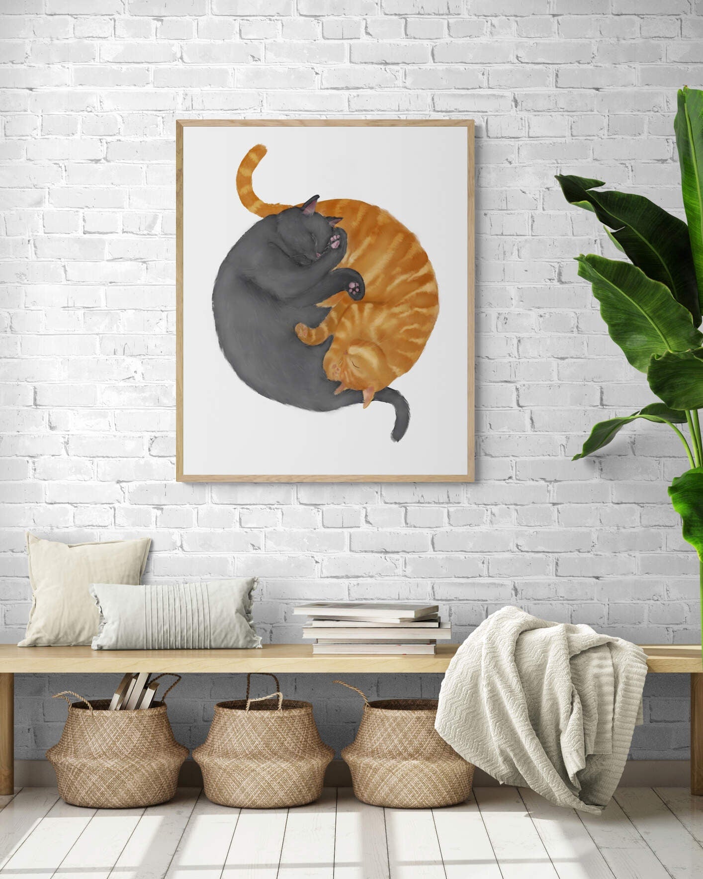 Customized Sleeping Gray And Orange Tabby Cat Print, Custom Cuddling Ginger and Gray Cat, Cat Illustration, Home Decor, Lazy Cat Painting - MerikaArt