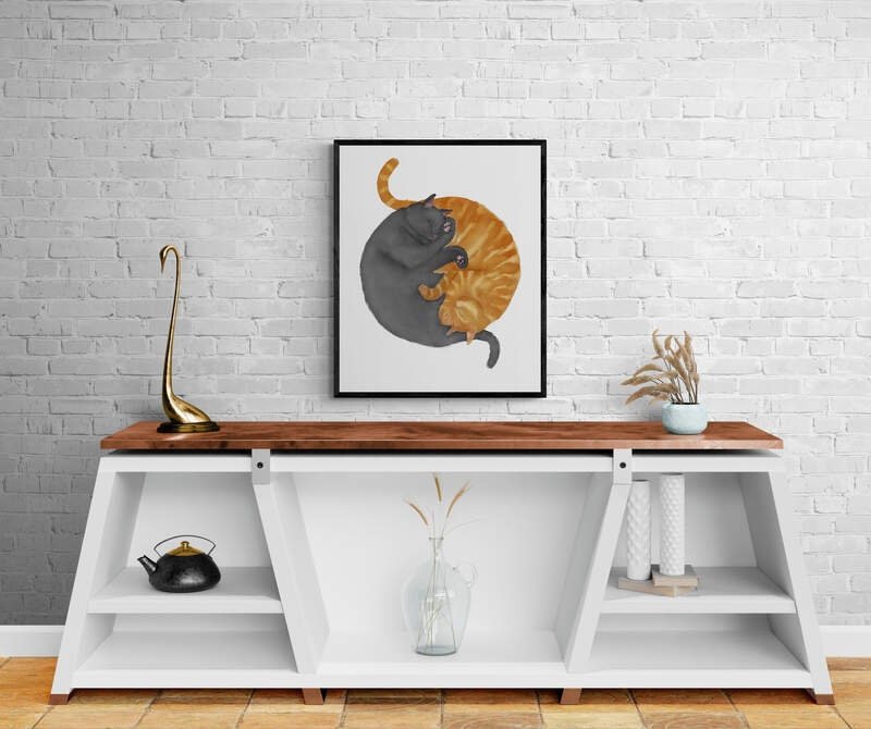 Customized Sleeping Gray And Orange Tabby Cat Print, Custom Cuddling Ginger and Gray Cat, Cat Illustration, Home Decor, Lazy Cat Painting - MerikaArt