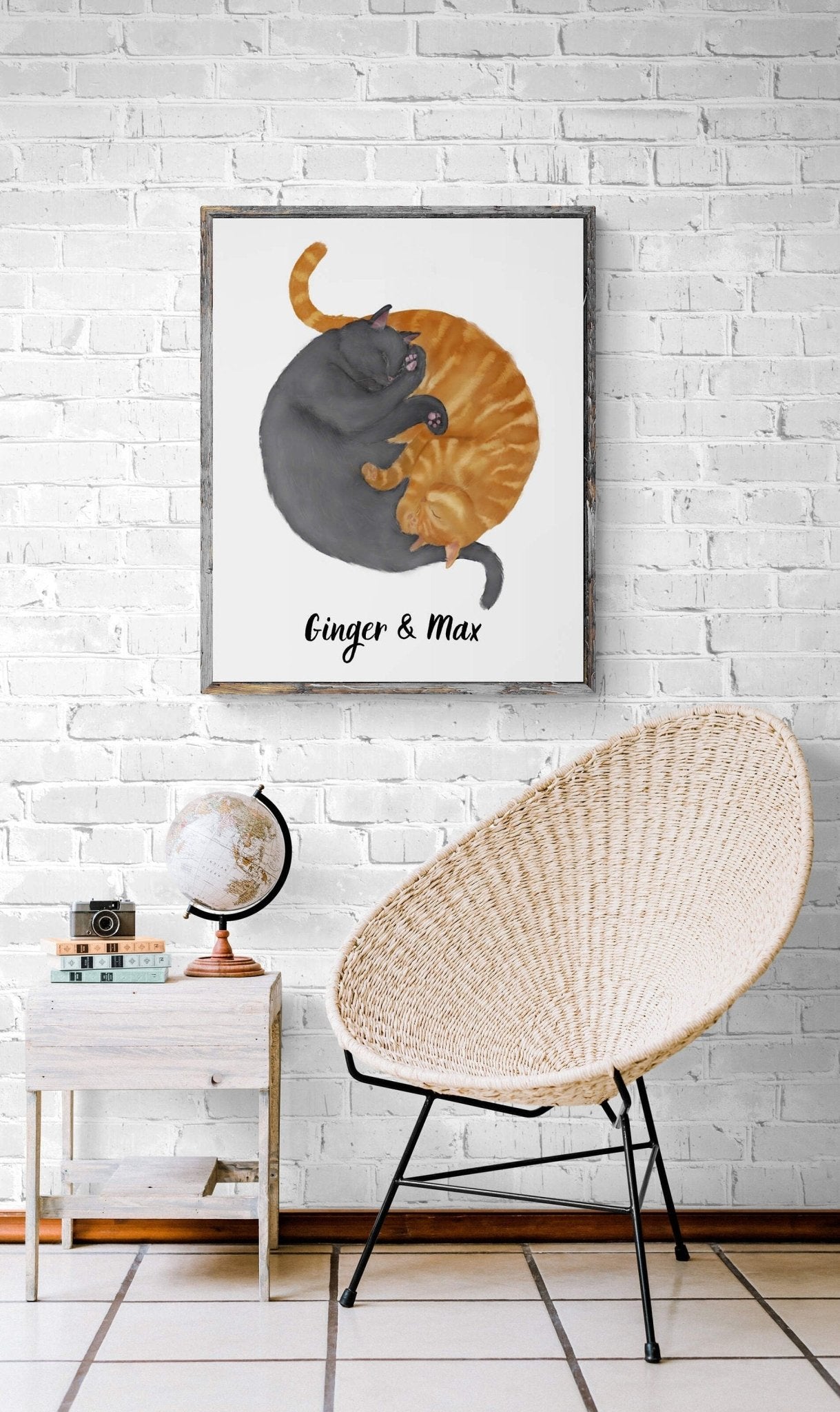Customized Sleeping Gray And Orange Tabby Cat Print, Custom Cuddling Ginger and Gray Cat, Cat Illustration, Home Decor, Lazy Cat Painting - MerikaArt