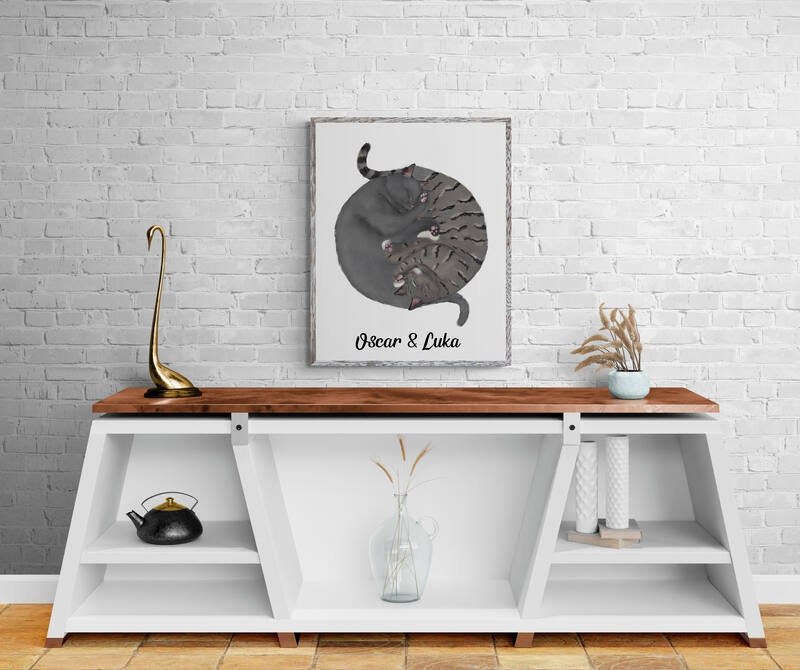 Customized Sleeping Gray And Tabby Cat Print, Custom Cuddling Cats, Cat Illustration, Home Decor, Lazy Cat Painting, Pet Loss Gift - MerikaArt