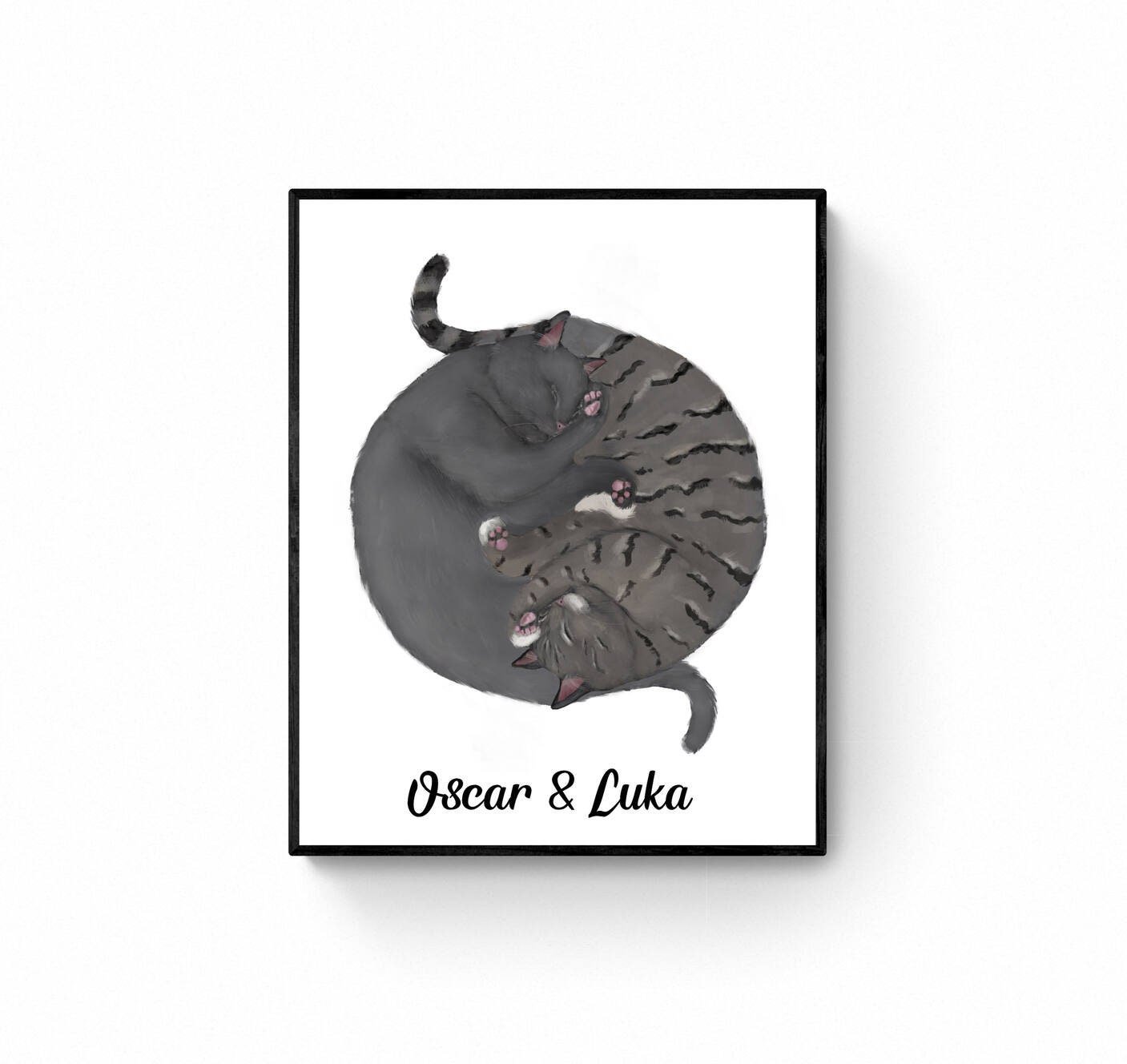 Customized Sleeping Gray And Tabby Cat Print, Custom Cuddling Cats, Cat Illustration, Home Decor, Lazy Cat Painting, Pet Loss Gift - MerikaArt