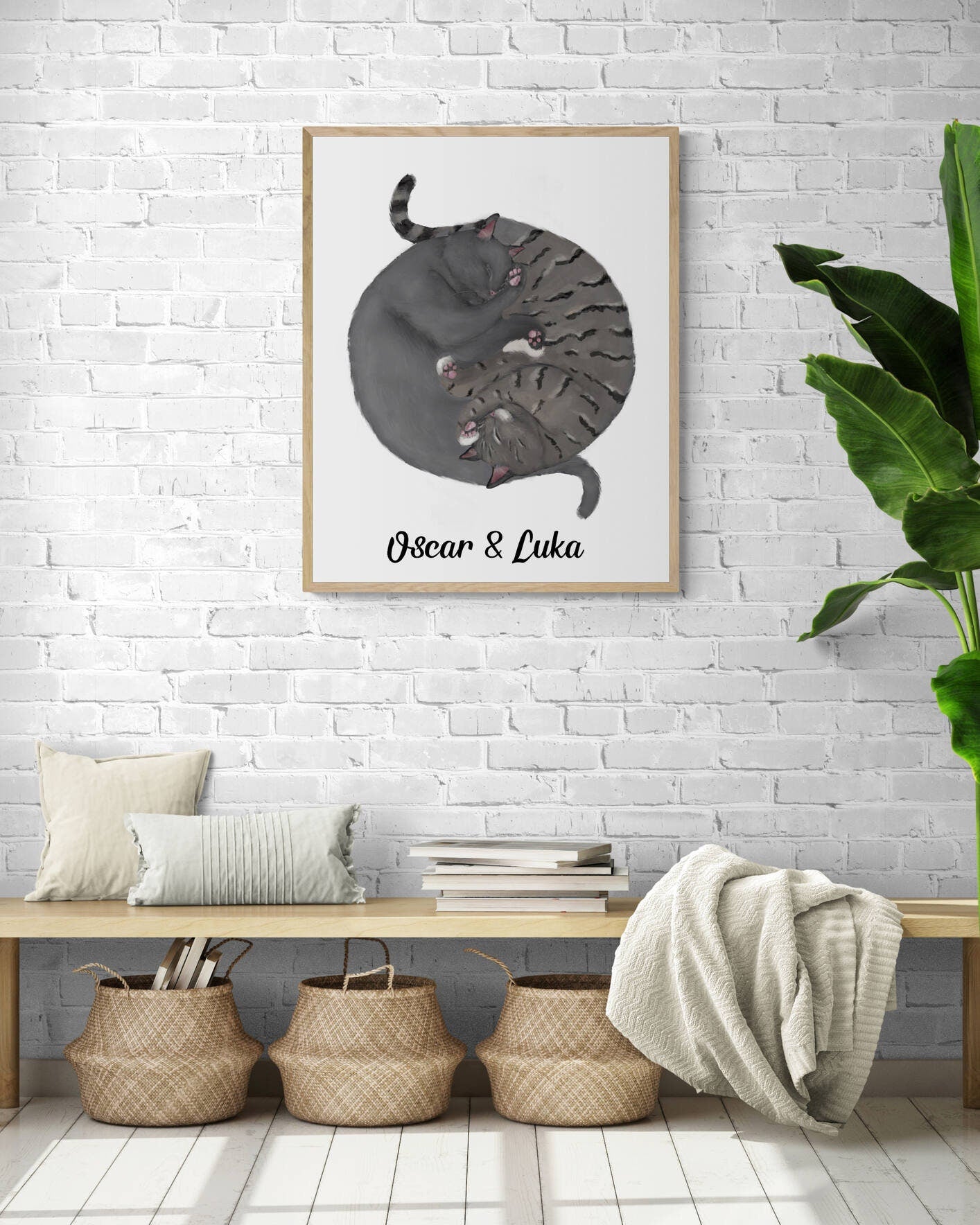 Customized Sleeping Gray And Tabby Cat Print, Custom Cuddling Cats, Cat Illustration, Home Decor, Lazy Cat Painting, Pet Loss Gift - MerikaArt