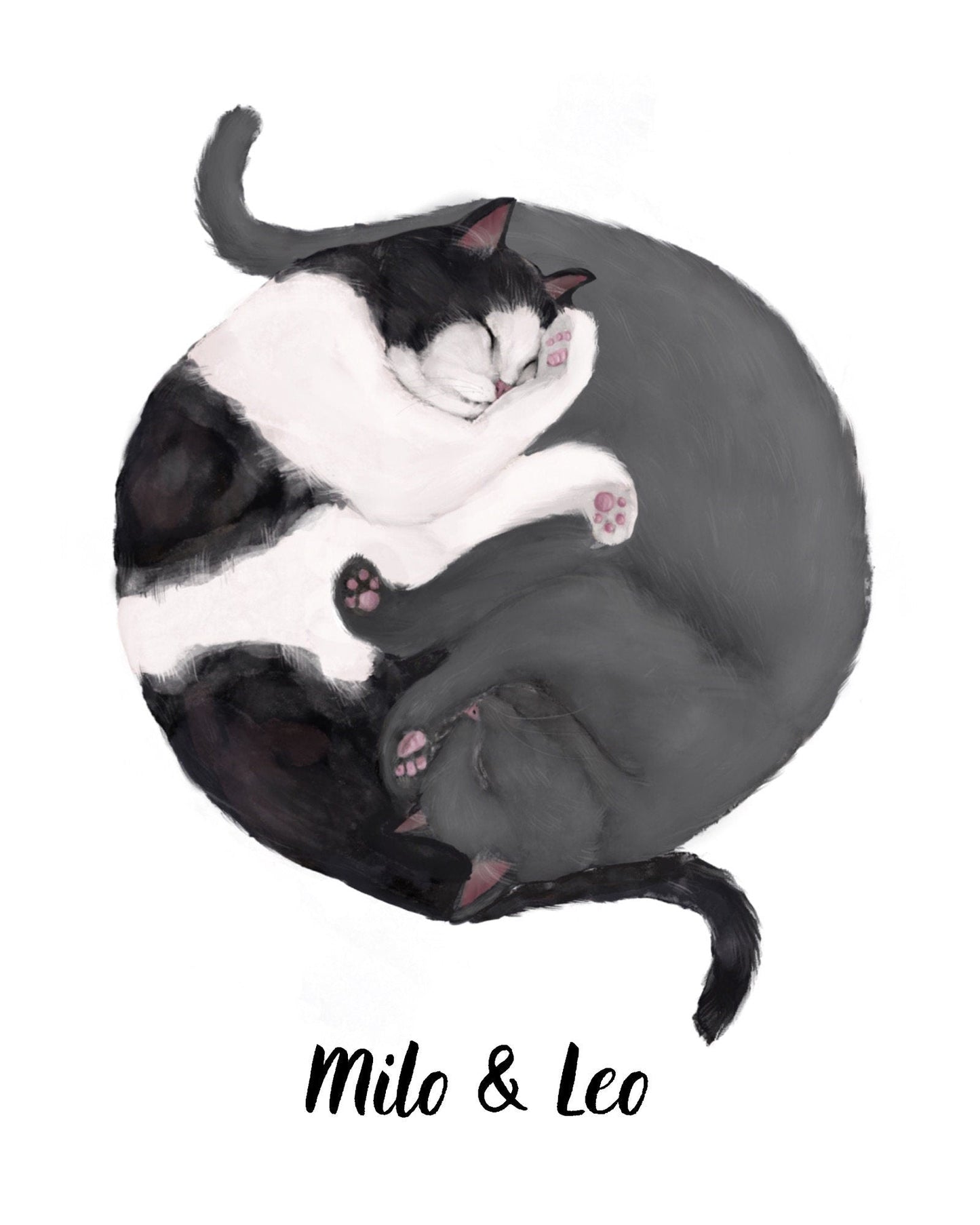 Customized Sleeping Tuxedo And Gray Cat Print, Custom Cuddling Gray British, Cat Illustration, Home Decor, Lazy Cat Painting, Pet Loss Gift - MerikaArt