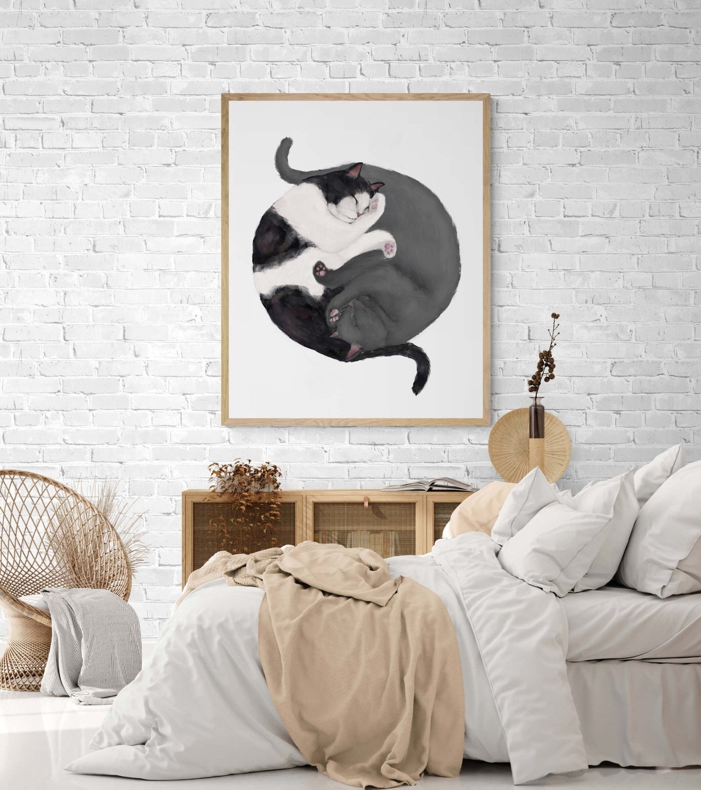Customized Sleeping Tuxedo And Gray Cat Print, Custom Cuddling Gray British, Cat Illustration, Home Decor, Lazy Cat Painting, Pet Loss Gift - MerikaArt