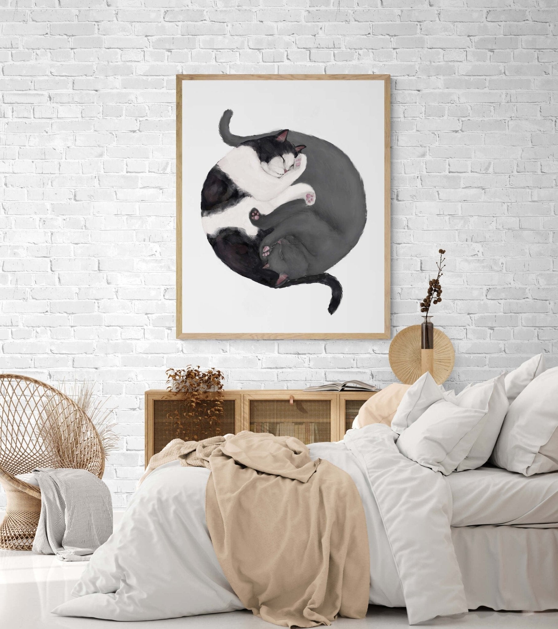Customized Sleeping Tuxedo And Gray Cat Print, Custom Cuddling Gray British, Cat Illustration, Home Decor, Lazy Cat Painting, Pet Loss Gift - MerikaArt