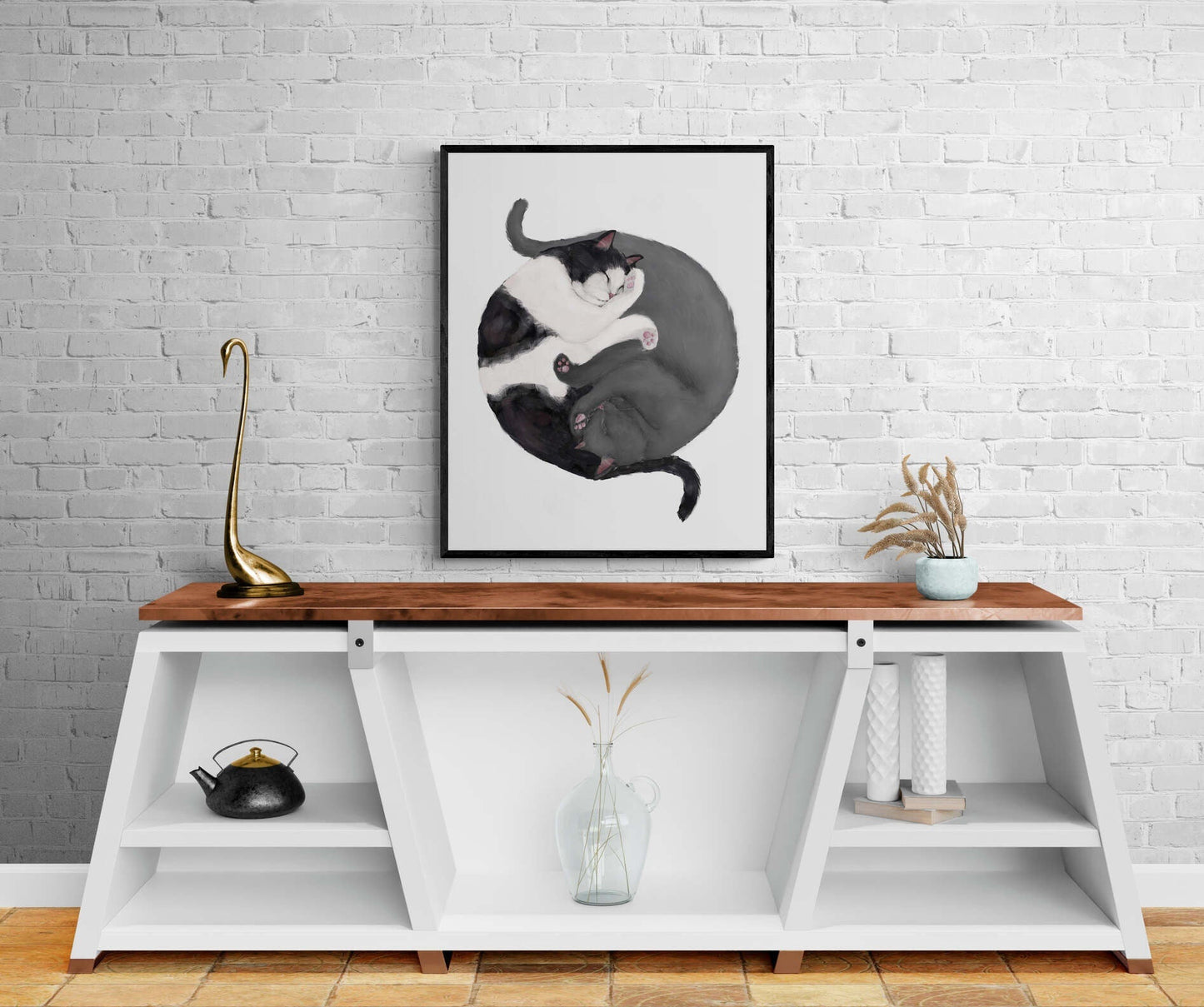 Customized Sleeping Tuxedo And Gray Cat Print, Custom Cuddling Gray British, Cat Illustration, Home Decor, Lazy Cat Painting, Pet Loss Gift - MerikaArt