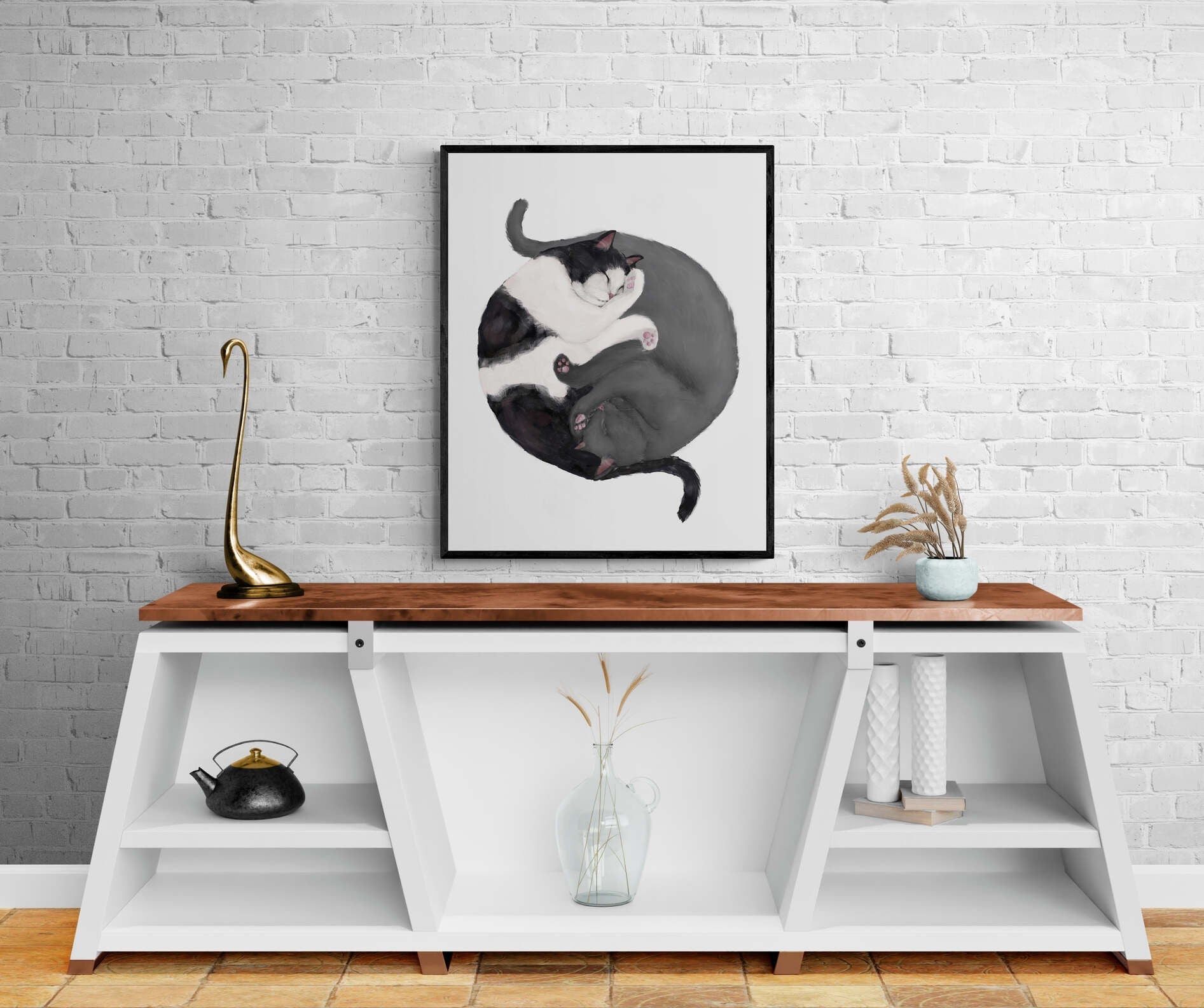 Customized Sleeping Tuxedo And Gray Cat Print, Custom Cuddling Gray British, Cat Illustration, Home Decor, Lazy Cat Painting, Pet Loss Gift - MerikaArt