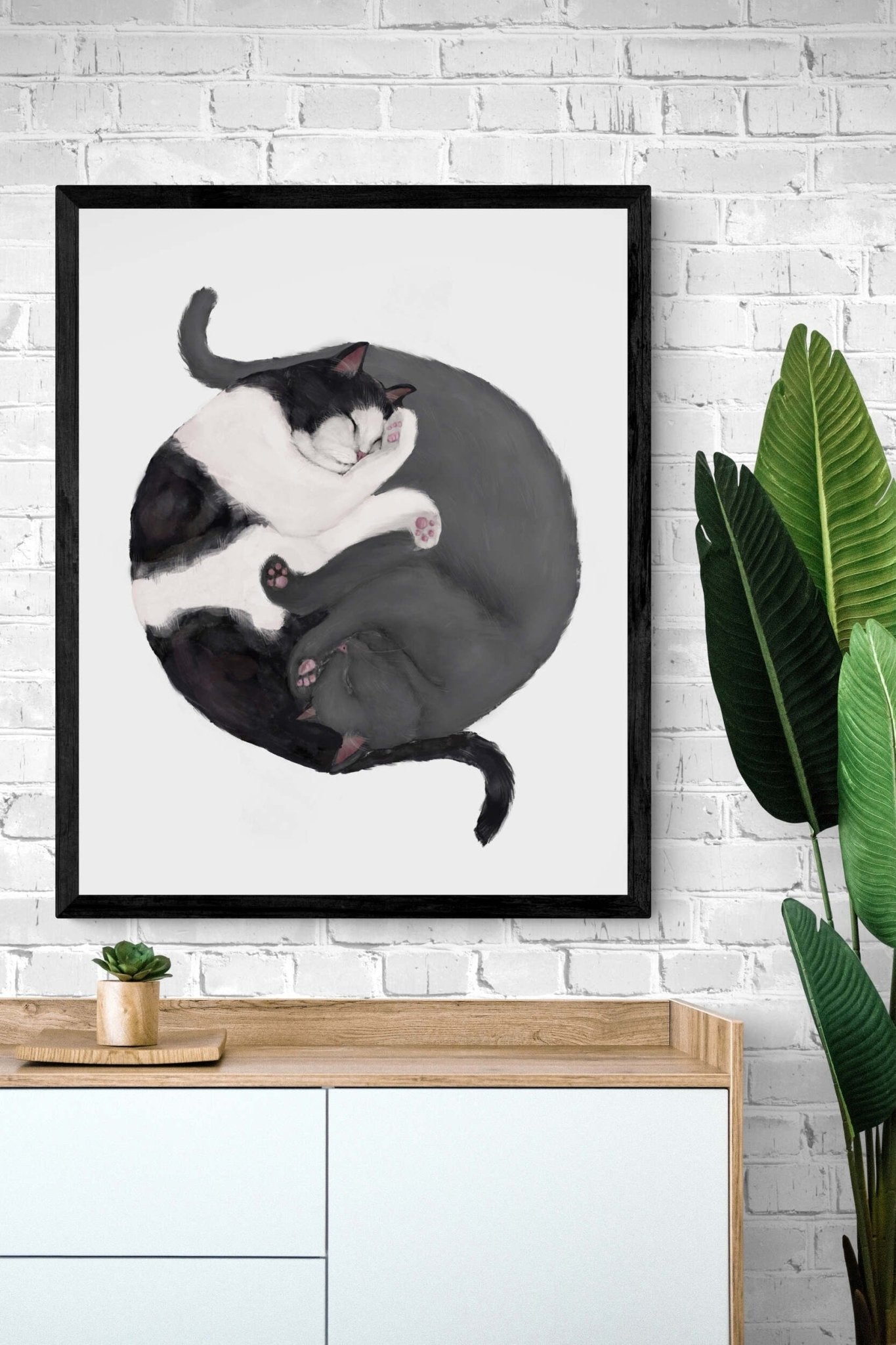 Customized Sleeping Tuxedo And Gray Cat Print, Custom Cuddling Gray British, Cat Illustration, Home Decor, Lazy Cat Painting, Pet Loss Gift - MerikaArt