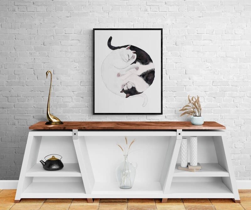 Customized Sleeping Tuxedo And White Tabby Cat Print, Custom Cuddling Cats, Cat Illustration, Home Decor, Lazy Cat Painting, Pet Loss Gift - MerikaArt