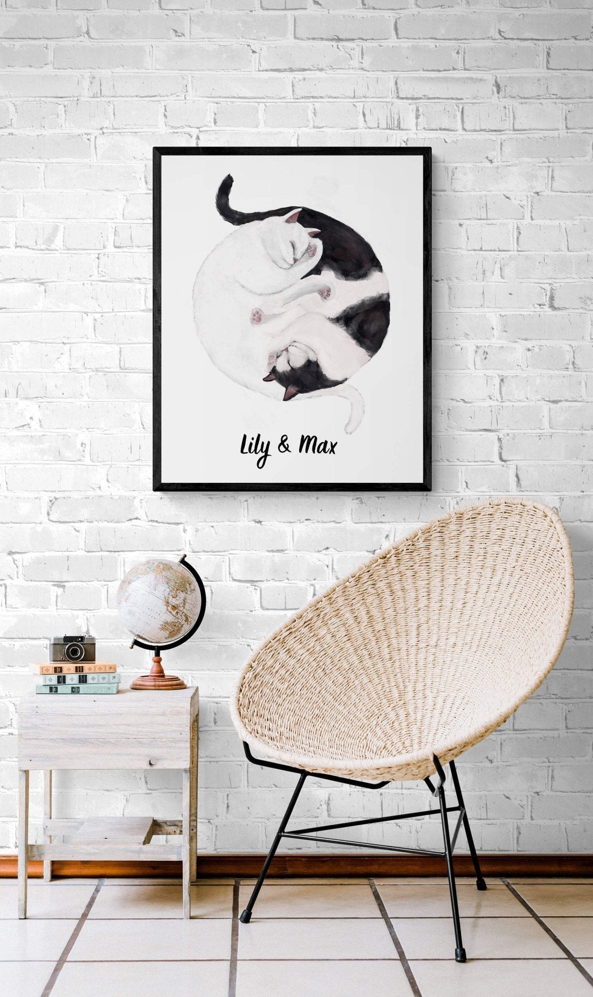 Customized Sleeping Tuxedo And White Tabby Cat Print, Custom Cuddling Cats, Cat Illustration, Home Decor, Lazy Cat Painting, Pet Loss Gift - MerikaArt
