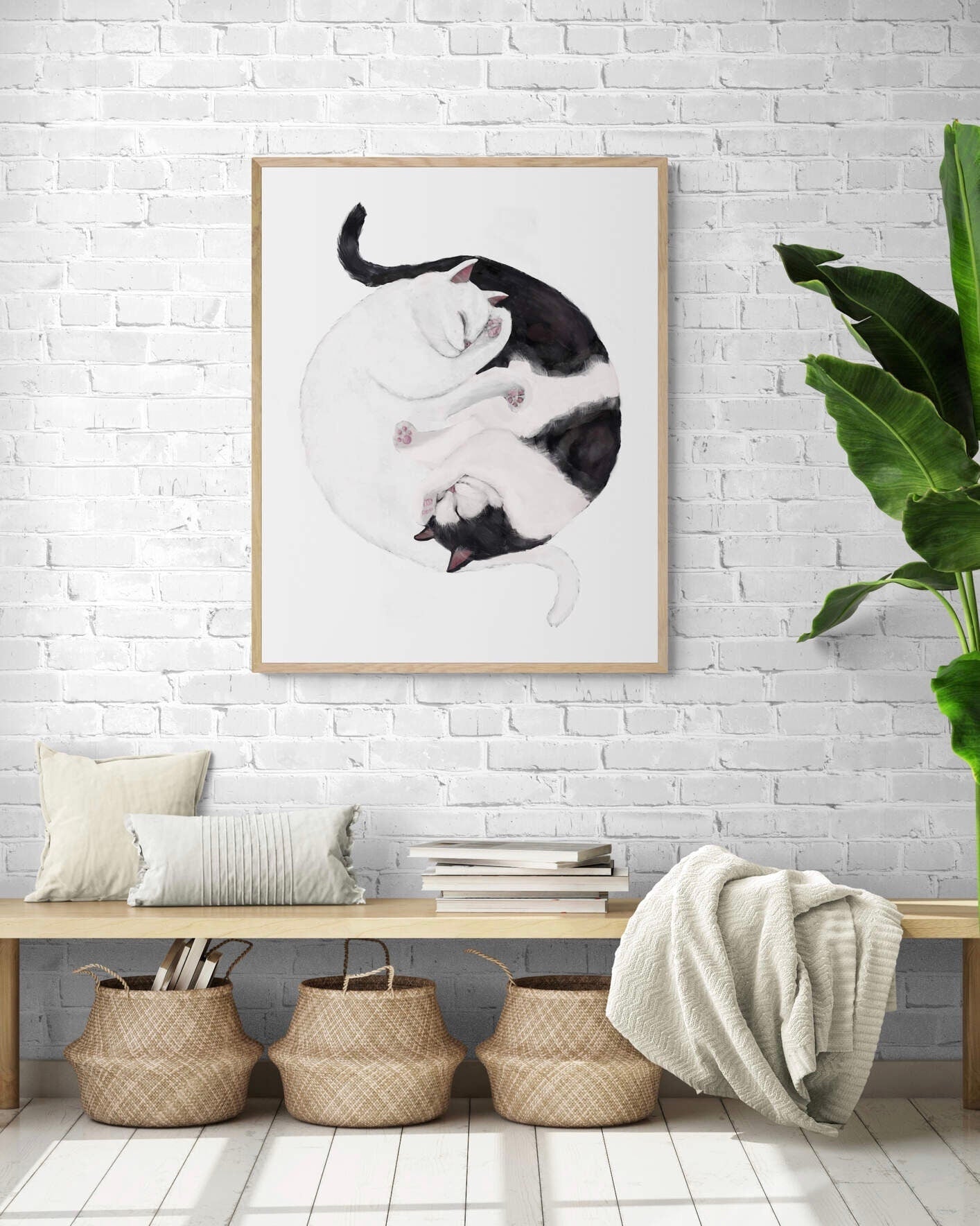 Customized Sleeping Tuxedo And White Tabby Cat Print, Custom Cuddling Cats, Cat Illustration, Home Decor, Lazy Cat Painting, Pet Loss Gift - MerikaArt