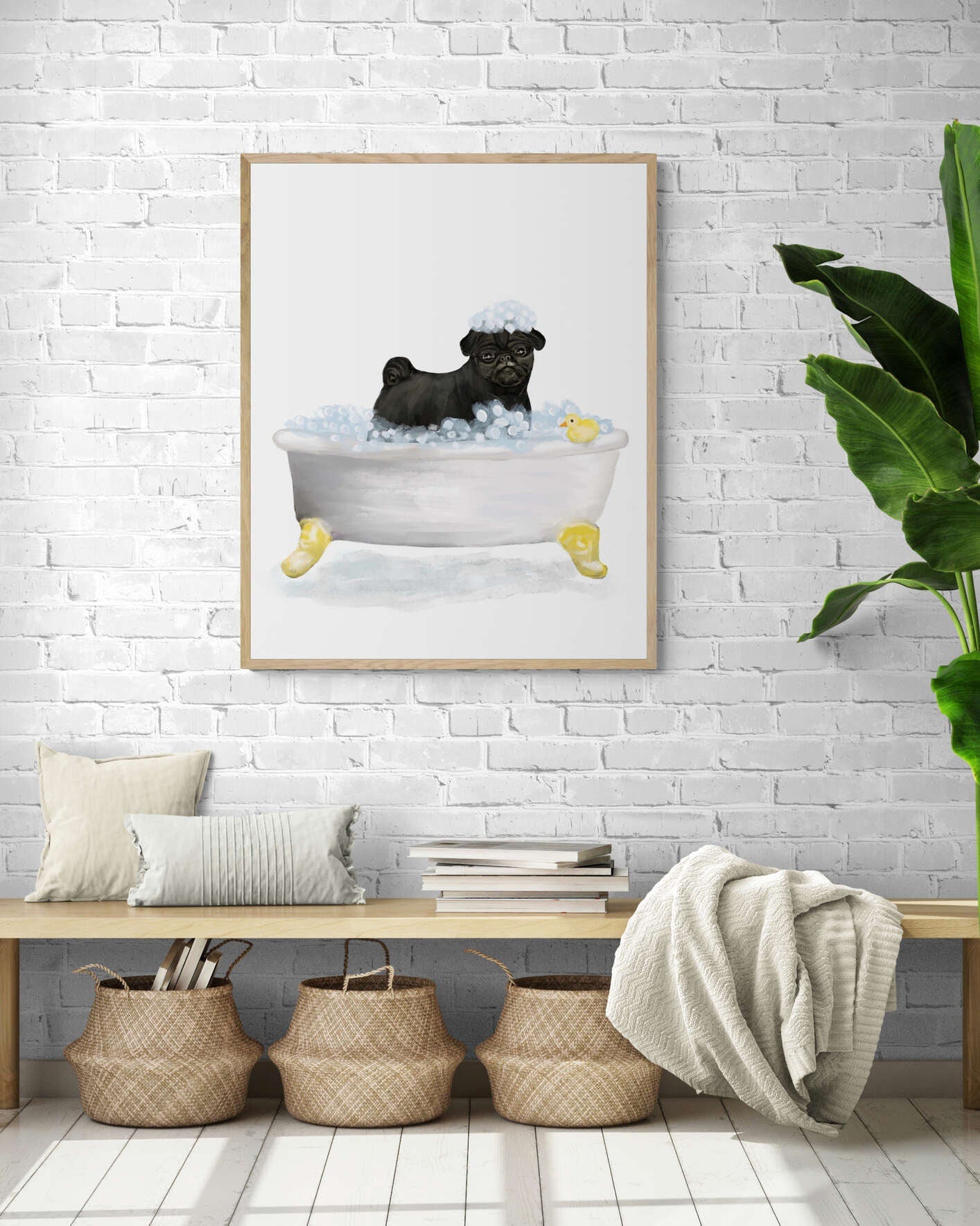 Cute Black Pug In Tub Print, Bathing Pug Print, Bathroom Art, Bathroom Dog Painting, Dog Relaxing In Bath Print, Pug Lover Gift - MerikaArt