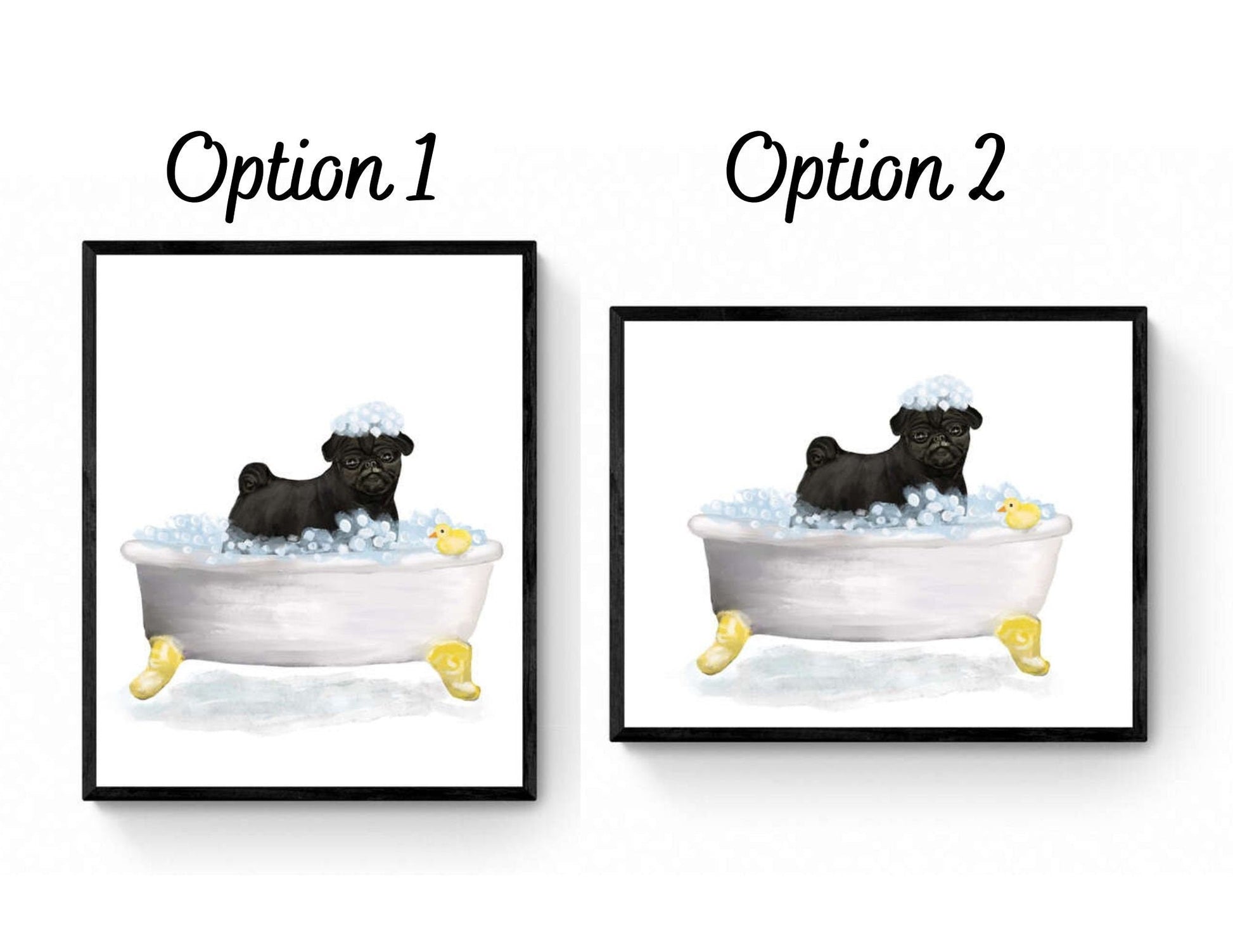 Cute Black Pug In Tub Print, Bathing Pug Print, Bathroom Art, Bathroom Dog Painting, Dog Relaxing In Bath Print, Pug Lover Gift - MerikaArt