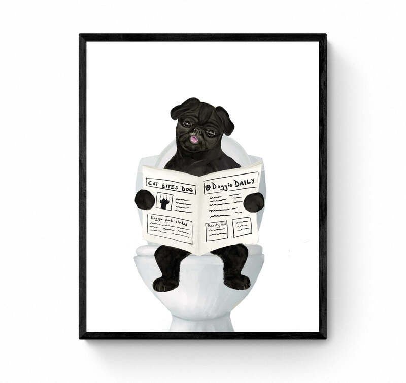 Cute Black Pug On Toilet Print, Dog Sitting on Toilet Artwork, Bathroom Dog Painting, Dog Reading Newspaper Print, Pug Lover Gift - MerikaArt