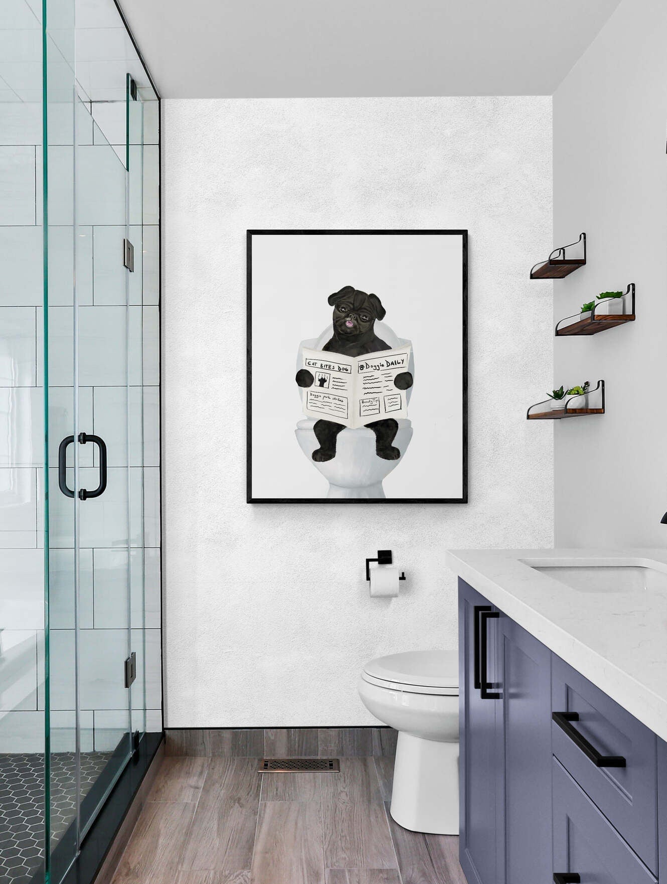 Cute Black Pug On Toilet Print, Dog Sitting on Toilet Artwork, Bathroom Dog Painting, Dog Reading Newspaper Print, Pug Lover Gift - MerikaArt