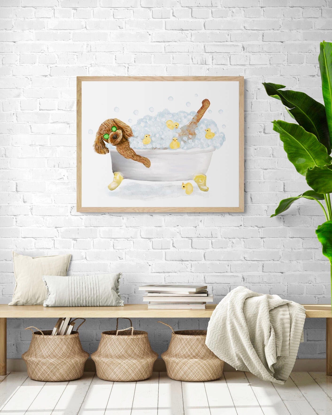 Cute Brown Poodle In Tub Print, Bathing Poodle Print, Bathroom Art, Bathroom Dog Painting, Dog Relaxing In Bath Print, Poodle Lover Gift - MerikaArt