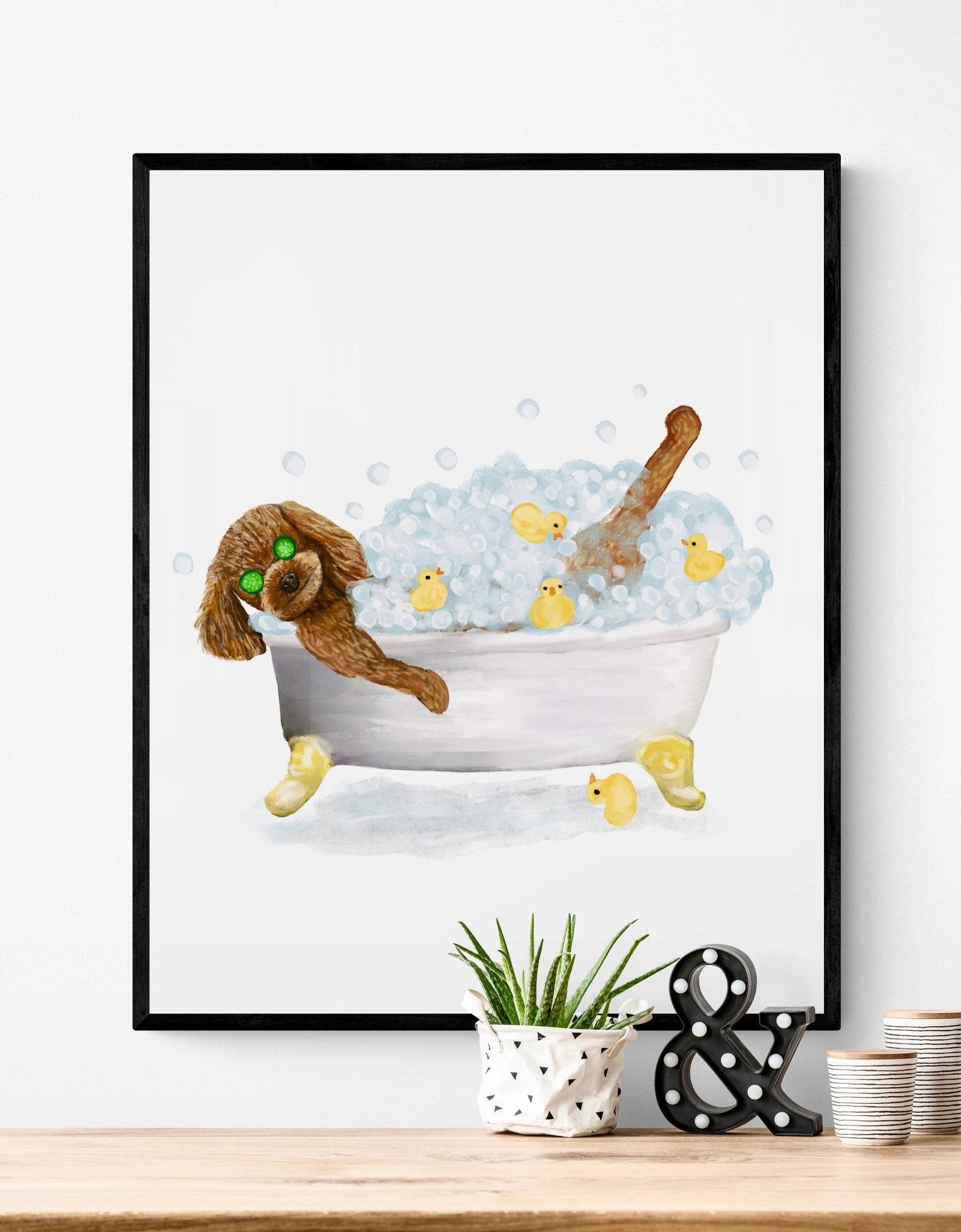 Cute Brown Poodle In Tub Print, Bathing Poodle Print, Bathroom Art, Bathroom Dog Painting, Dog Relaxing In Bath Print, Poodle Lover Gift - MerikaArt