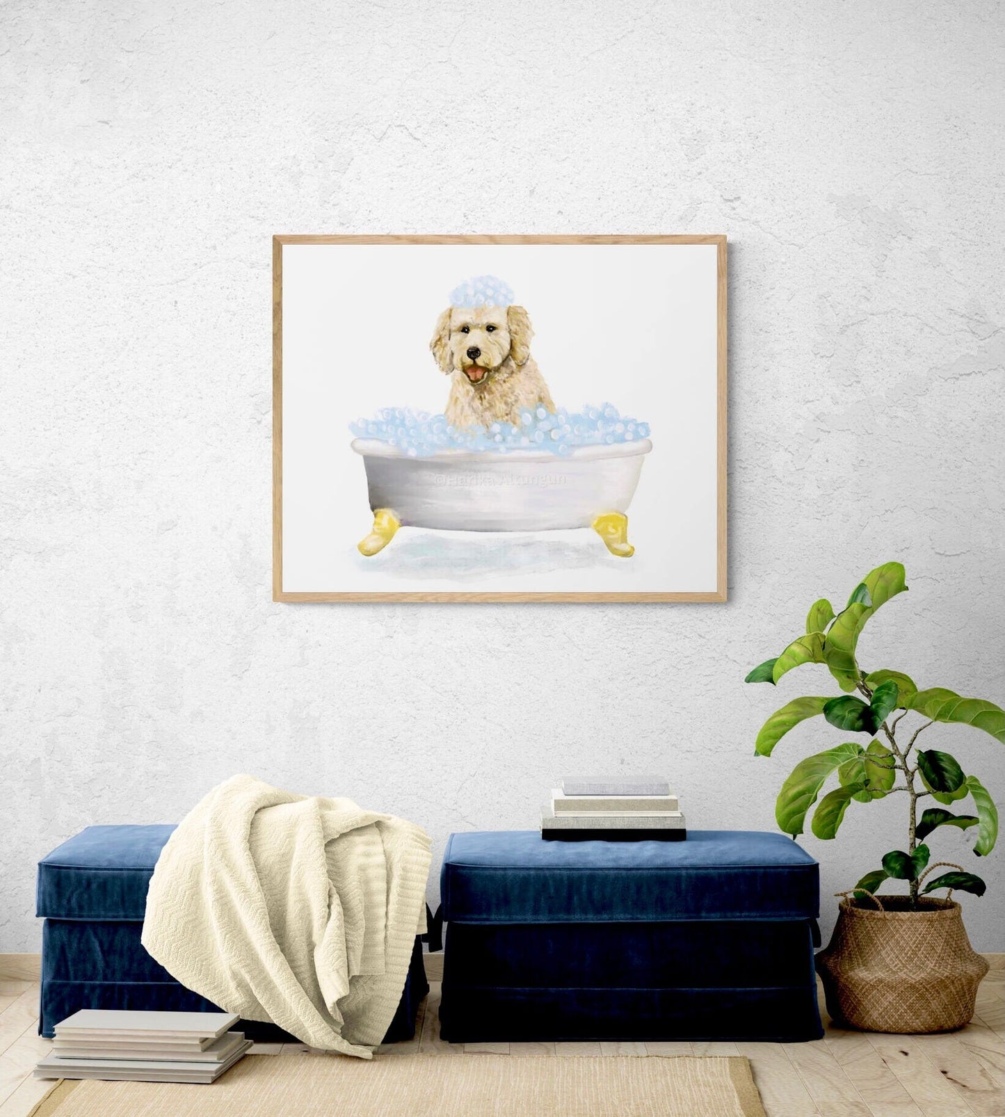Cute Goldendoodle In Tub Print, Bathing Dog Print, Bathroom Art, Bathroom Dog Painting, Cream Dog Relaxing In Bath Print, Animal Lover Gift - MerikaArt