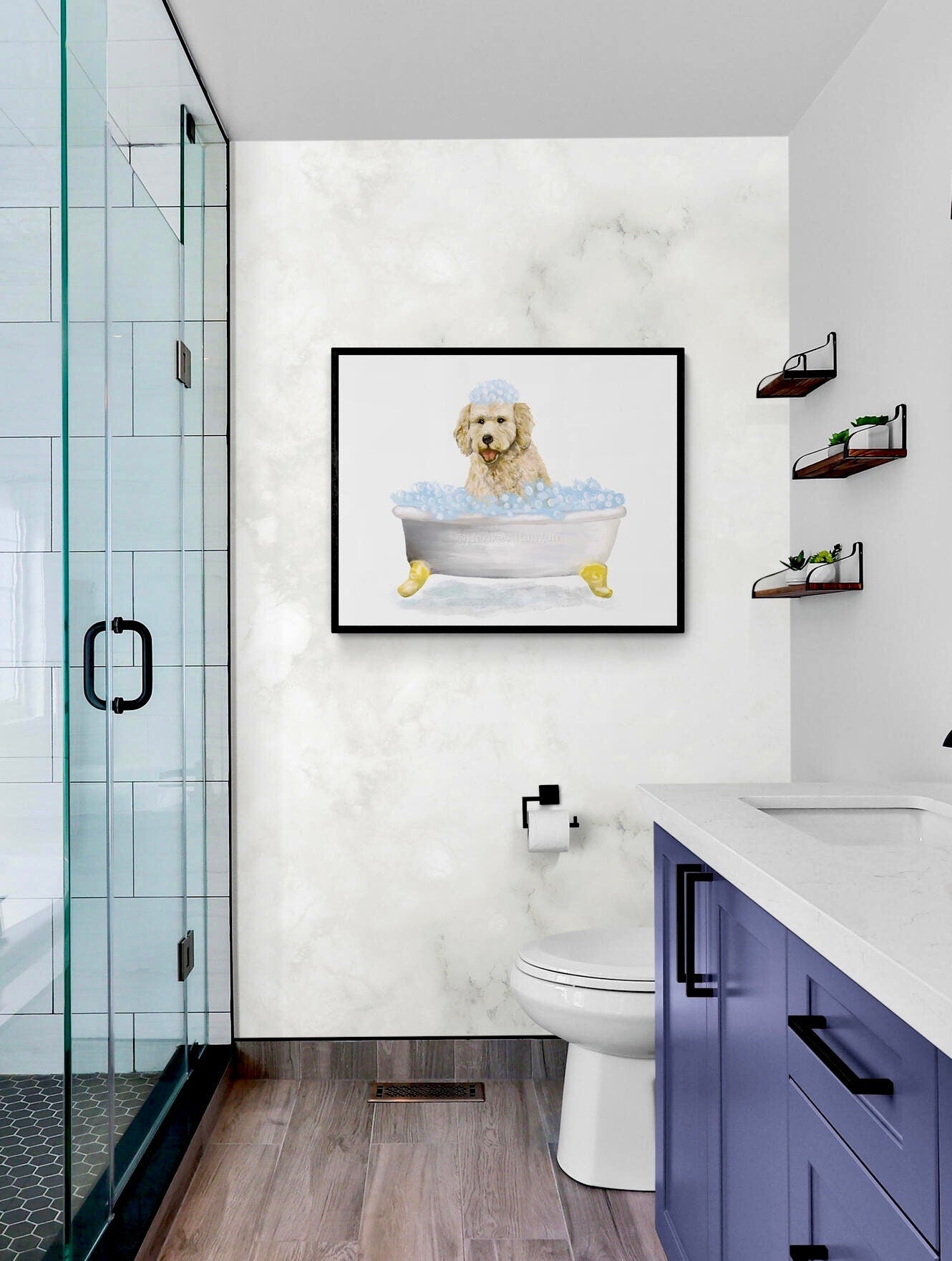 Cute Goldendoodle In Tub Print, Bathing Dog Print, Bathroom Art, Bathroom Dog Painting, Cream Dog Relaxing In Bath Print, Animal Lover Gift - MerikaArt