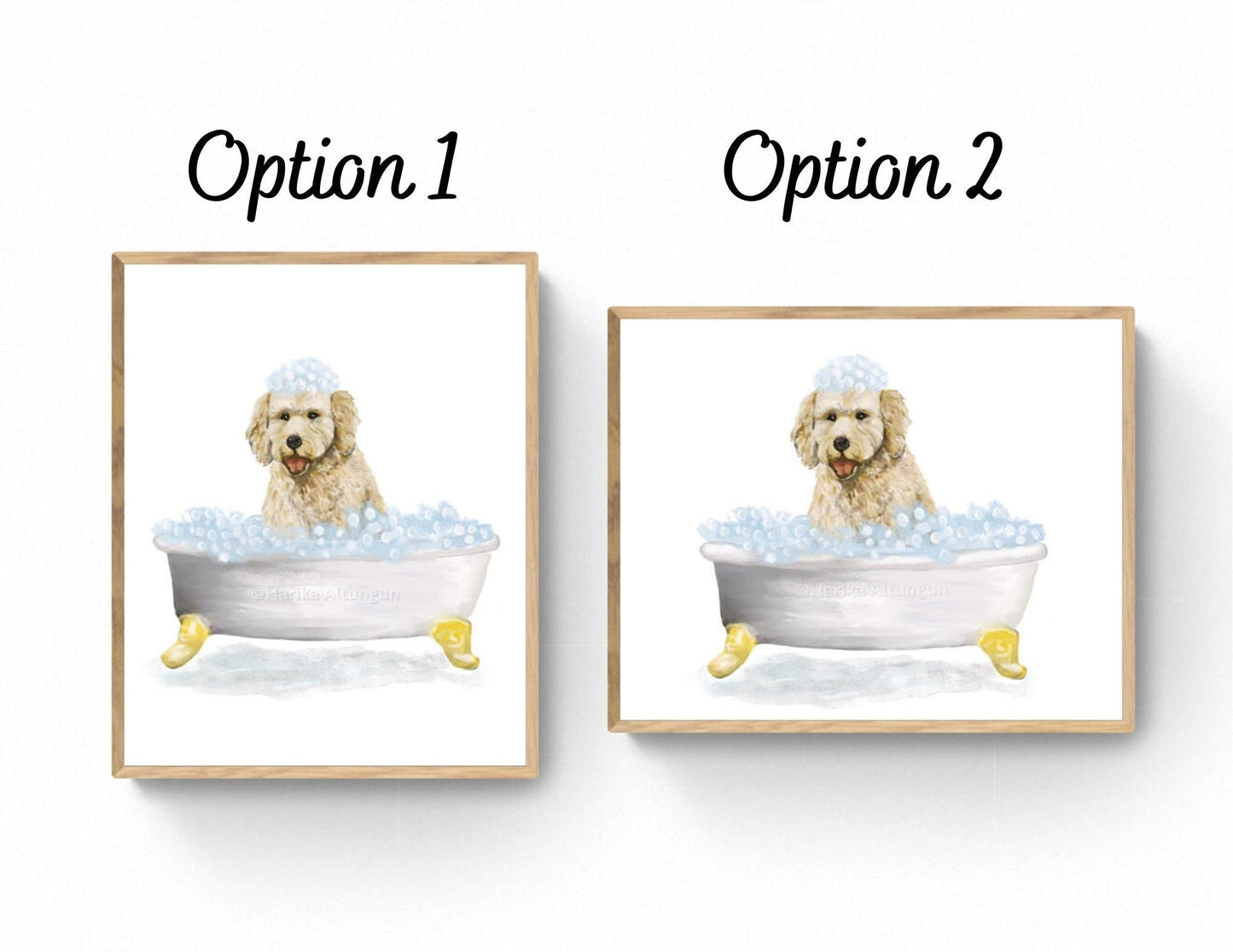Cute Goldendoodle In Tub Print, Bathing Dog Print, Bathroom Art, Bathroom Dog Painting, Cream Dog Relaxing In Bath Print, Animal Lover Gift - MerikaArt