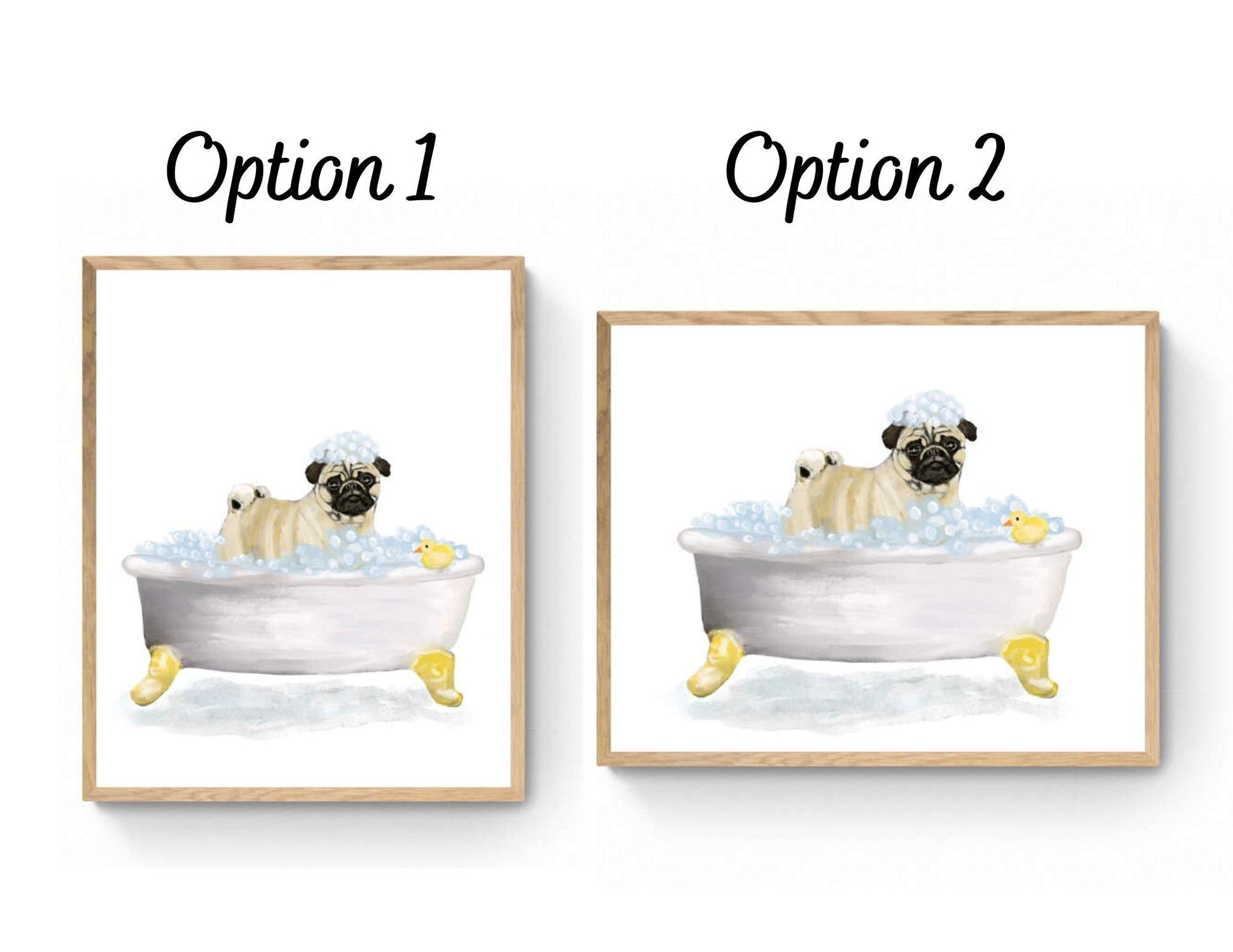 Cute Pug In Tub Print, Bathing Pug Print, Bathroom Art, Bathroom Dog Painting, Dog Relaxing In Bath Print, Pug Lover Gift - MerikaArt