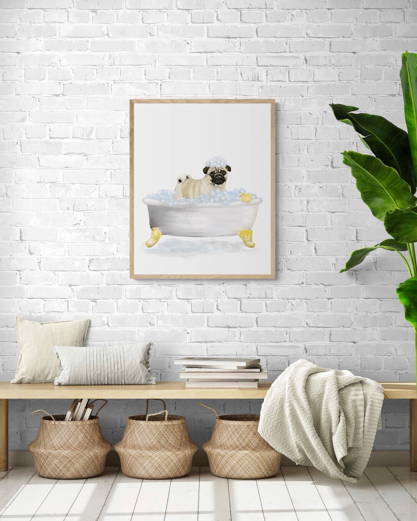 Cute Pug In Tub Print, Bathing Pug Print, Bathroom Art, Bathroom Dog Painting, Dog Relaxing In Bath Print, Pug Lover Gift - MerikaArt