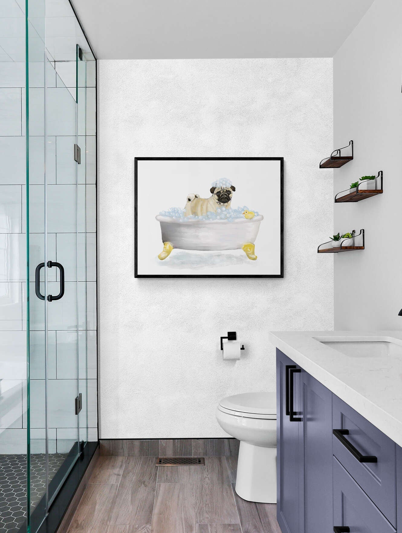 Cute Pug In Tub Print, Bathing Pug Print, Bathroom Art, Bathroom Dog Painting, Dog Relaxing In Bath Print, Pug Lover Gift - MerikaArt