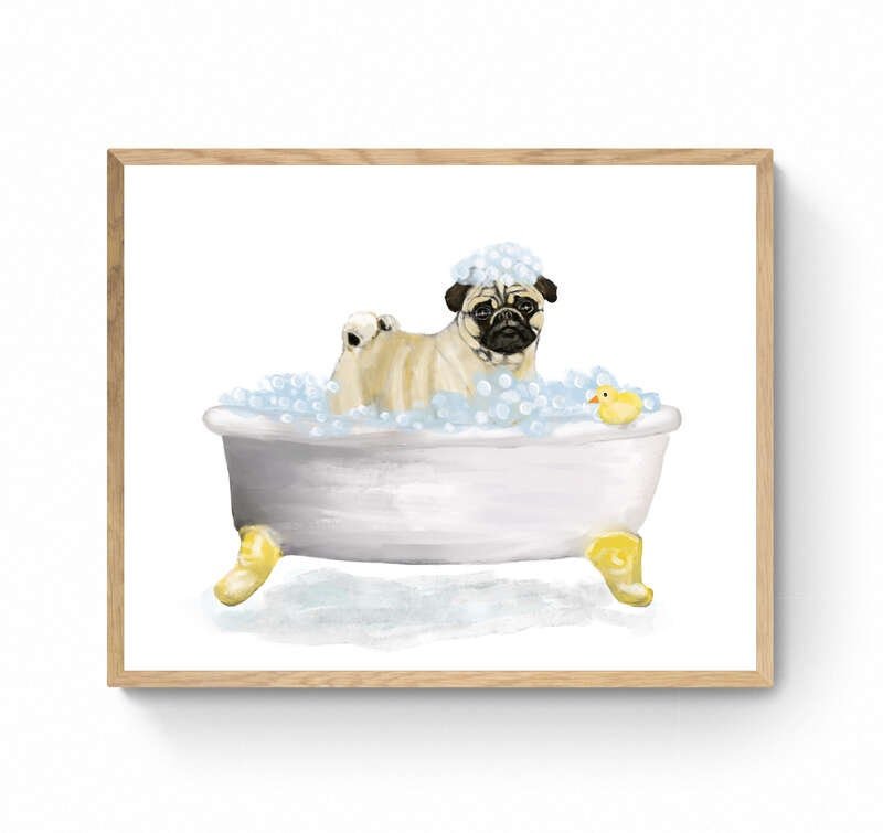 Cute Pug In Tub Print, Bathing Pug Print, Bathroom Art, Bathroom Dog Painting, Dog Relaxing In Bath Print, Pug Lover Gift - MerikaArt
