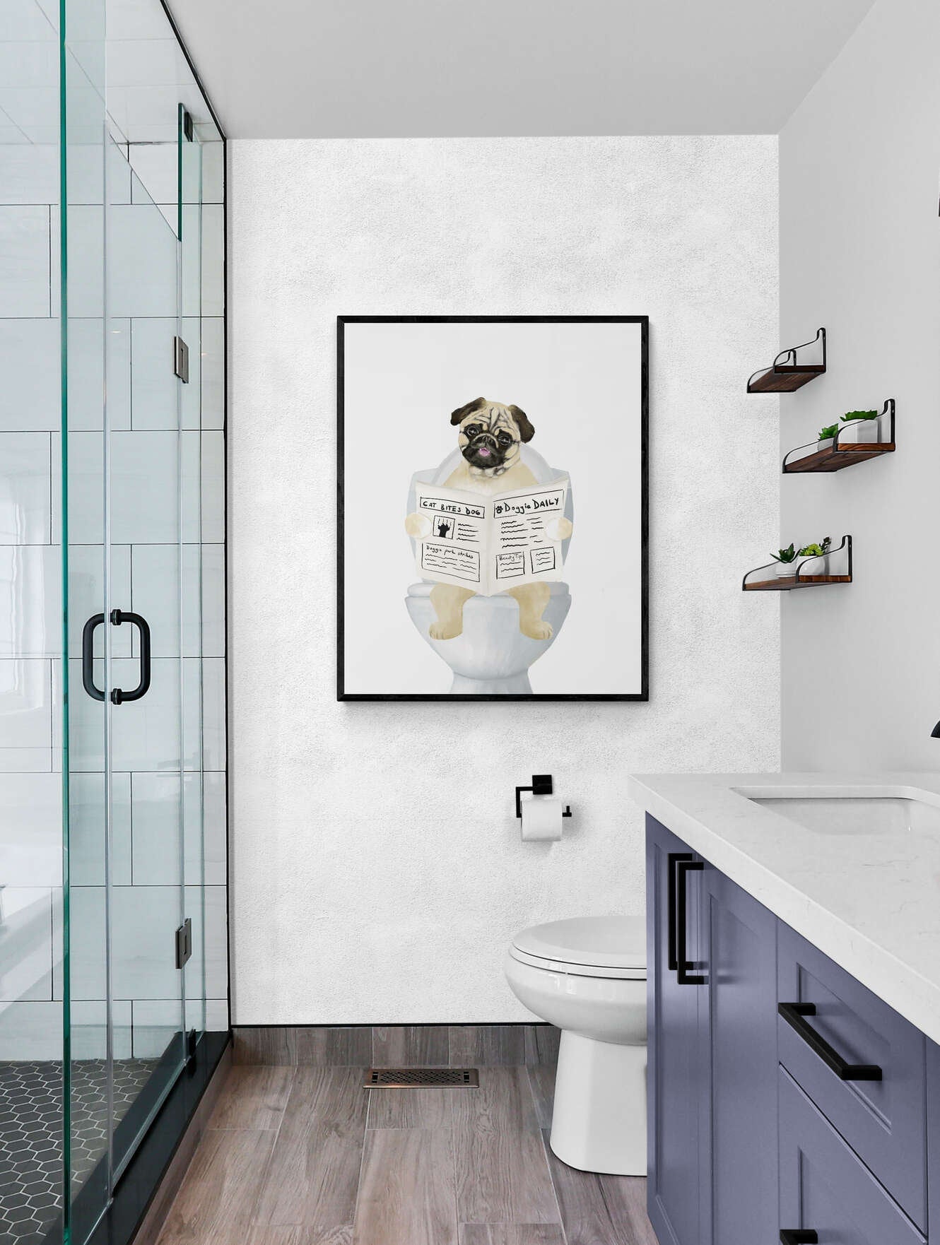 Cute Pug On Toilet Print, Dog Sitting on Toilet Print, Bathroom Art, Bathroom Dog Painting, Dog Reading Newspaper Print, Pug Lover Gift - MerikaArt