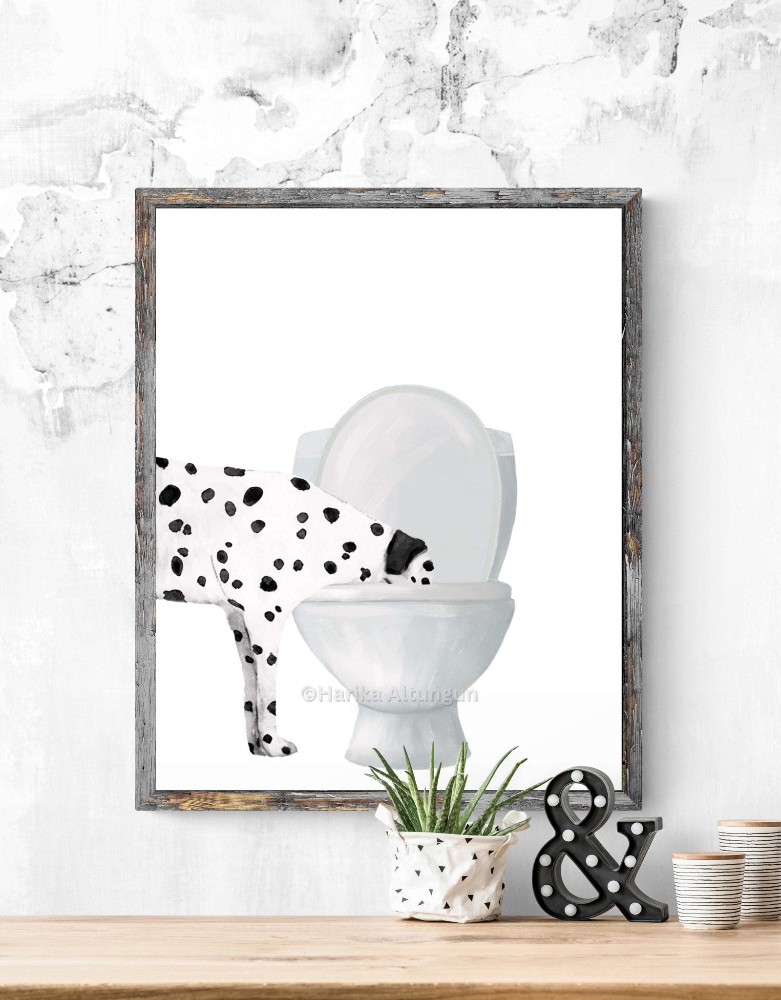 Dalmatian Toilet Print, Dog Drinking From Toilet Sign, Funny Bathroom Decor, Cream Dog Painting, Puppy Poster, Pet Memorial, Dog Lover Art - MerikaArt