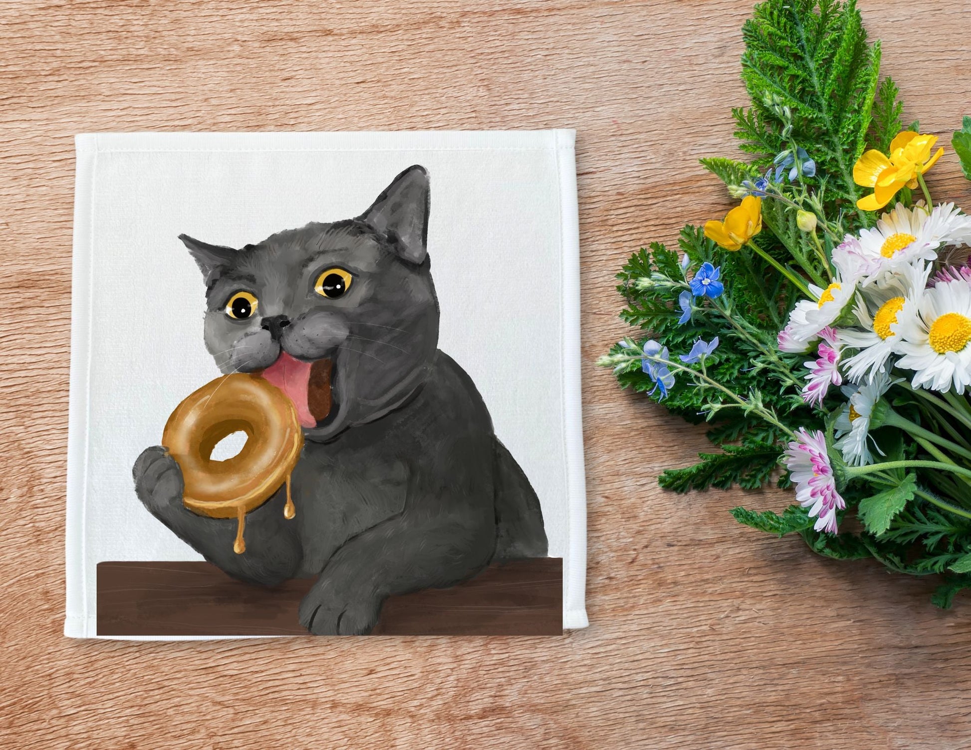 Donut - Loving Gray Cat Washcloth - MerikaArt