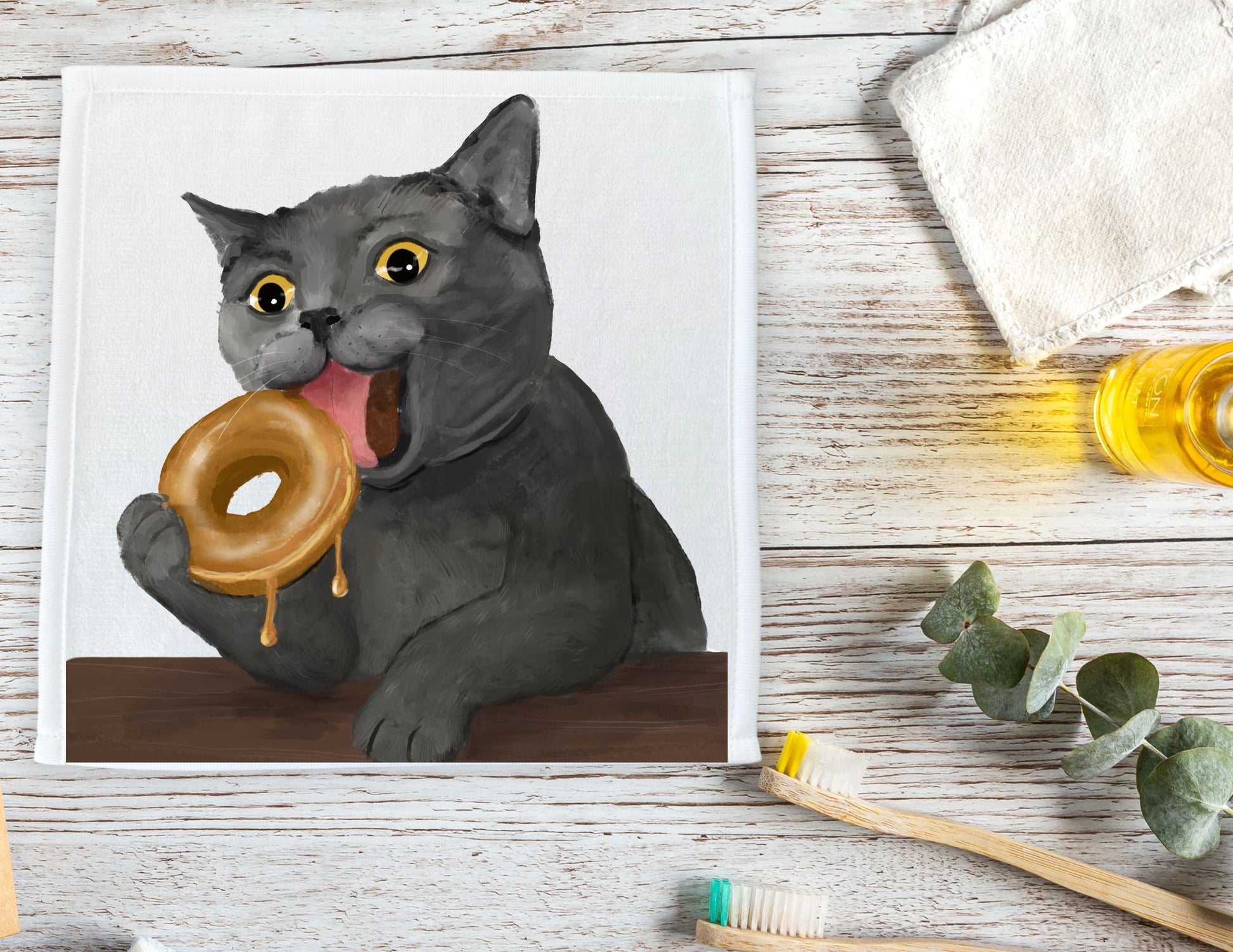 Donut - Loving Gray Cat Washcloth - MerikaArt